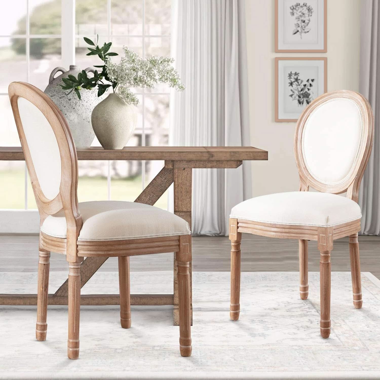 French Country Dining Chairs Set Of 4 With Linen Upholstery And Solid Wood Legs