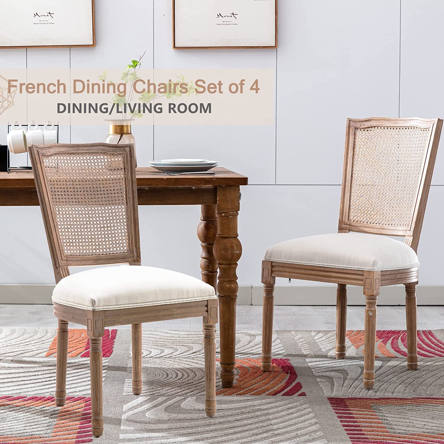 French Country Rattan Back Dining Chairs Set Of 4 Cushioned
