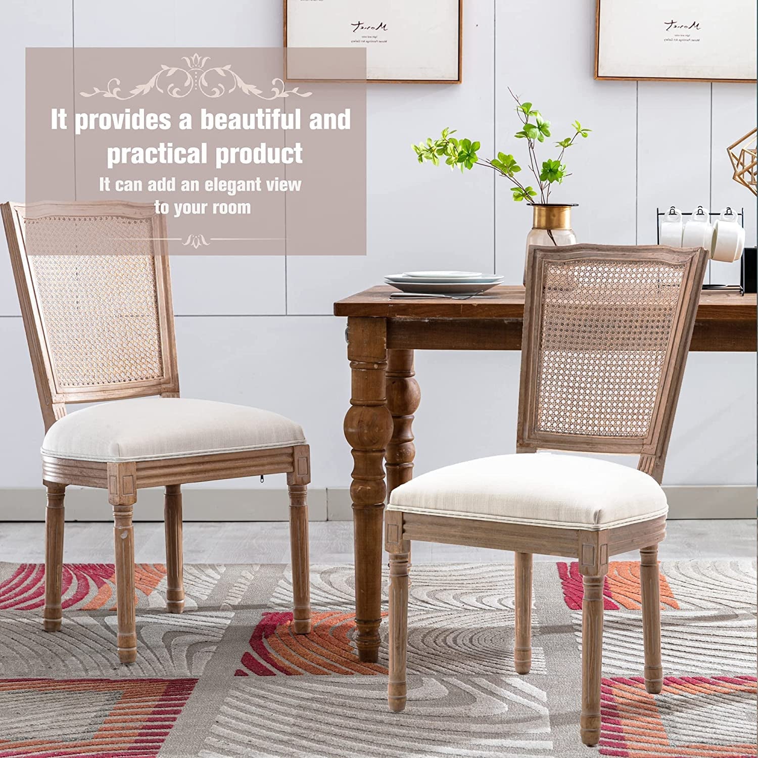 French Country Rattan Back Dining Chairs Set Of 4 Cushioned
