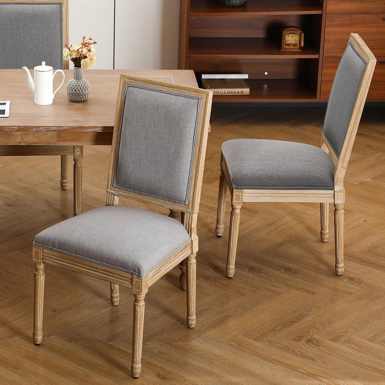 French Country Upholstered Dining Chairs Pair Light Grey