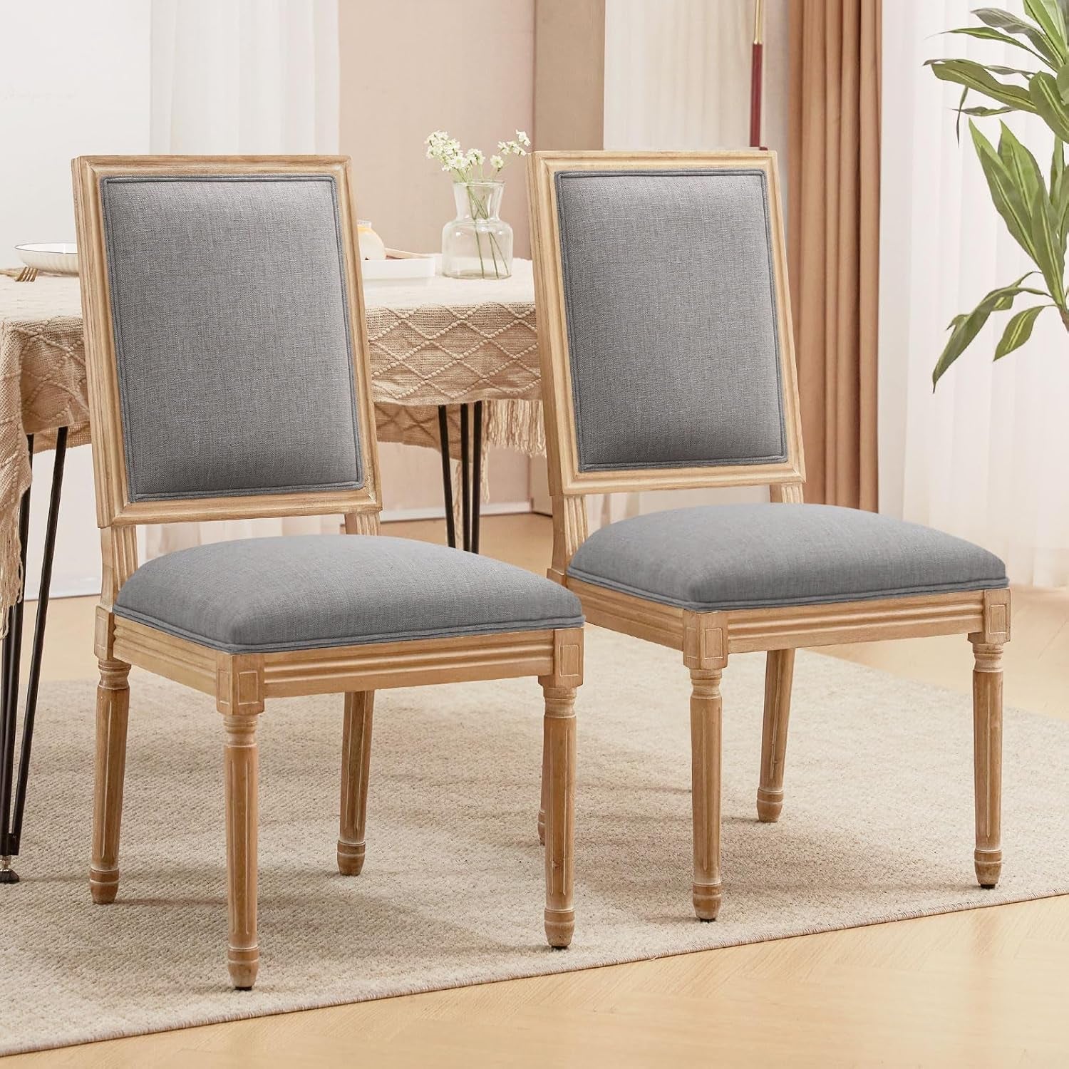 French Country Upholstered Dining Chairs Pair Light Grey