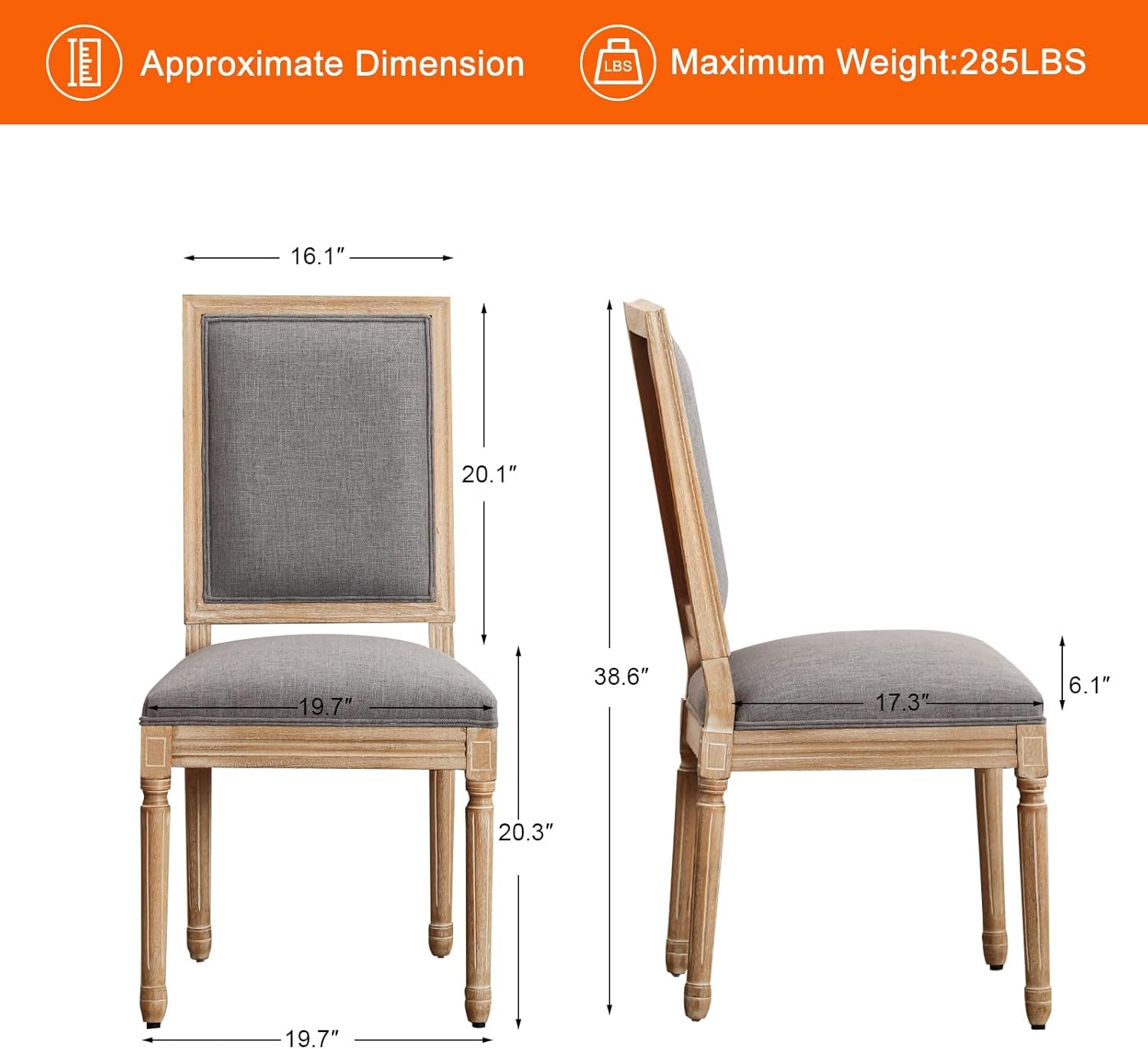 French Country Upholstered Dining Chairs Pair Light Grey