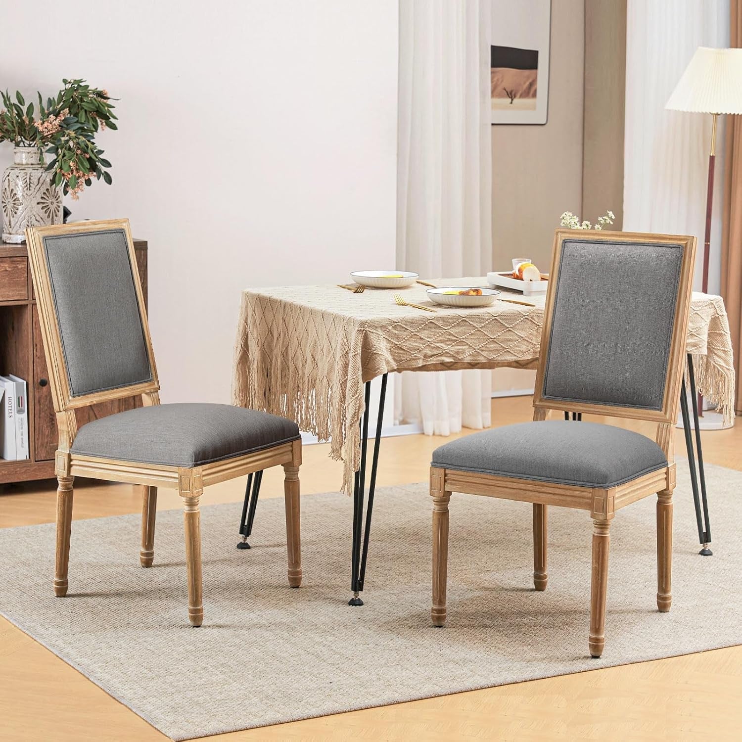 French Country Upholstered Dining Chairs Pair Light Grey