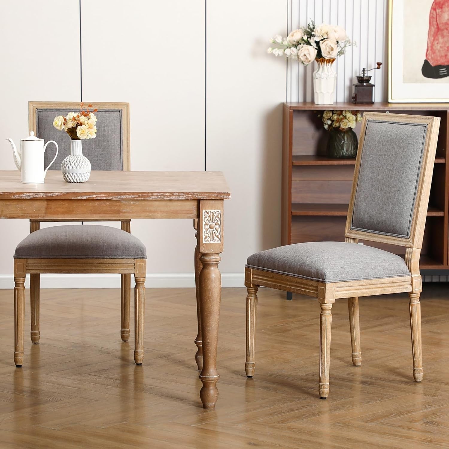 French Country Upholstered Dining Chairs Pair Light Grey