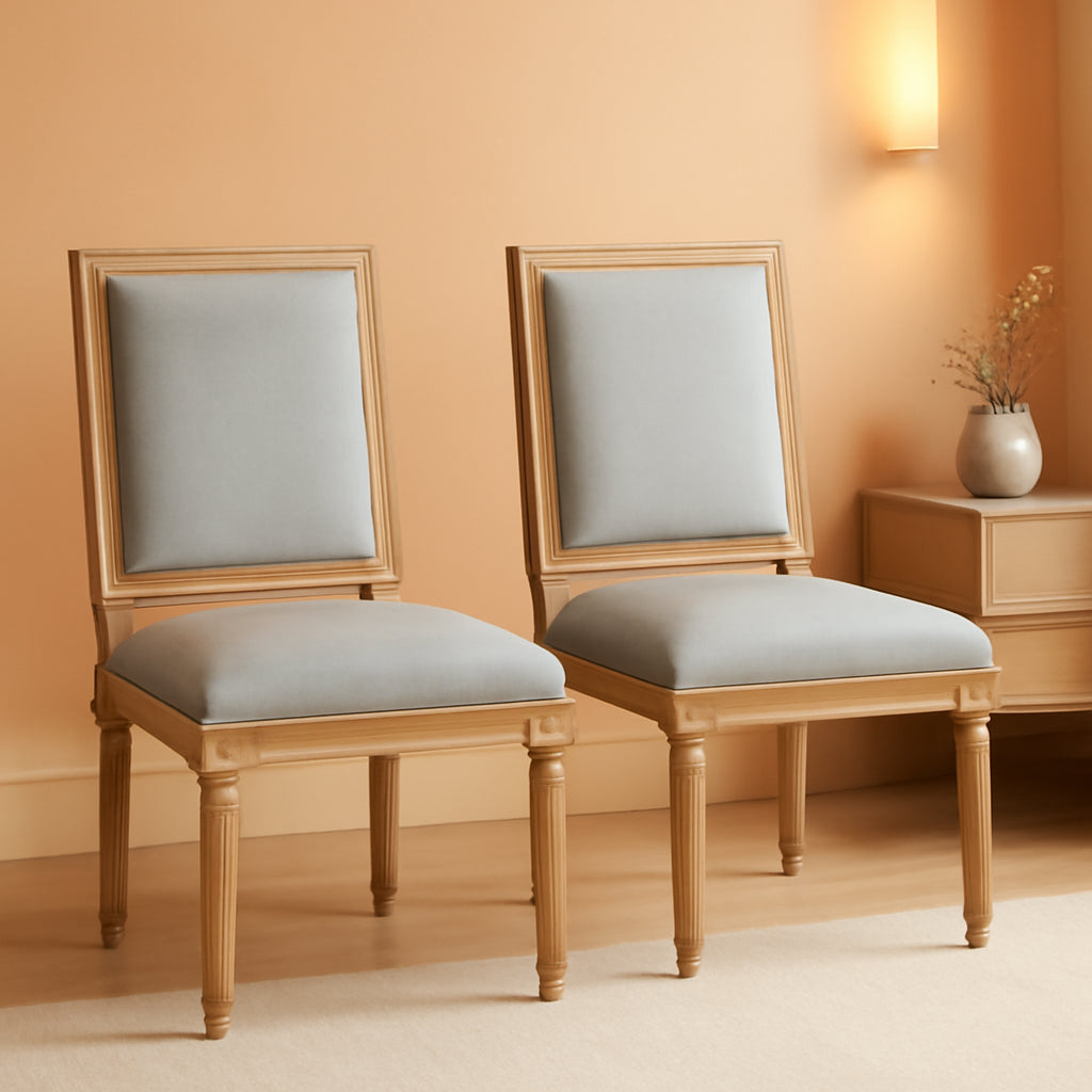 French Country Upholstered Dining Chairs Pair Light Grey