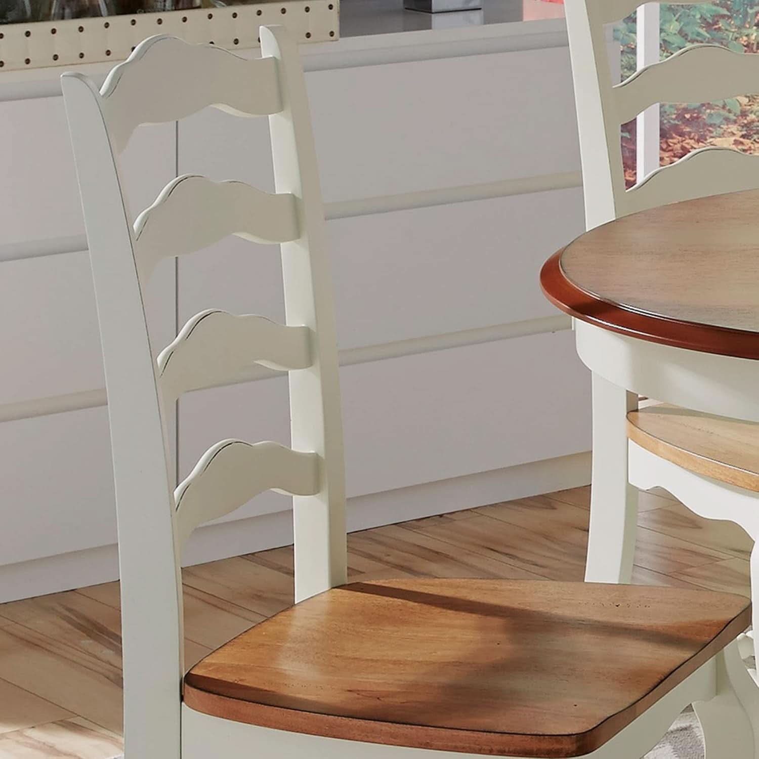 French Countryside Oak And White Pair Of Dining Chairs With Distressed Finish