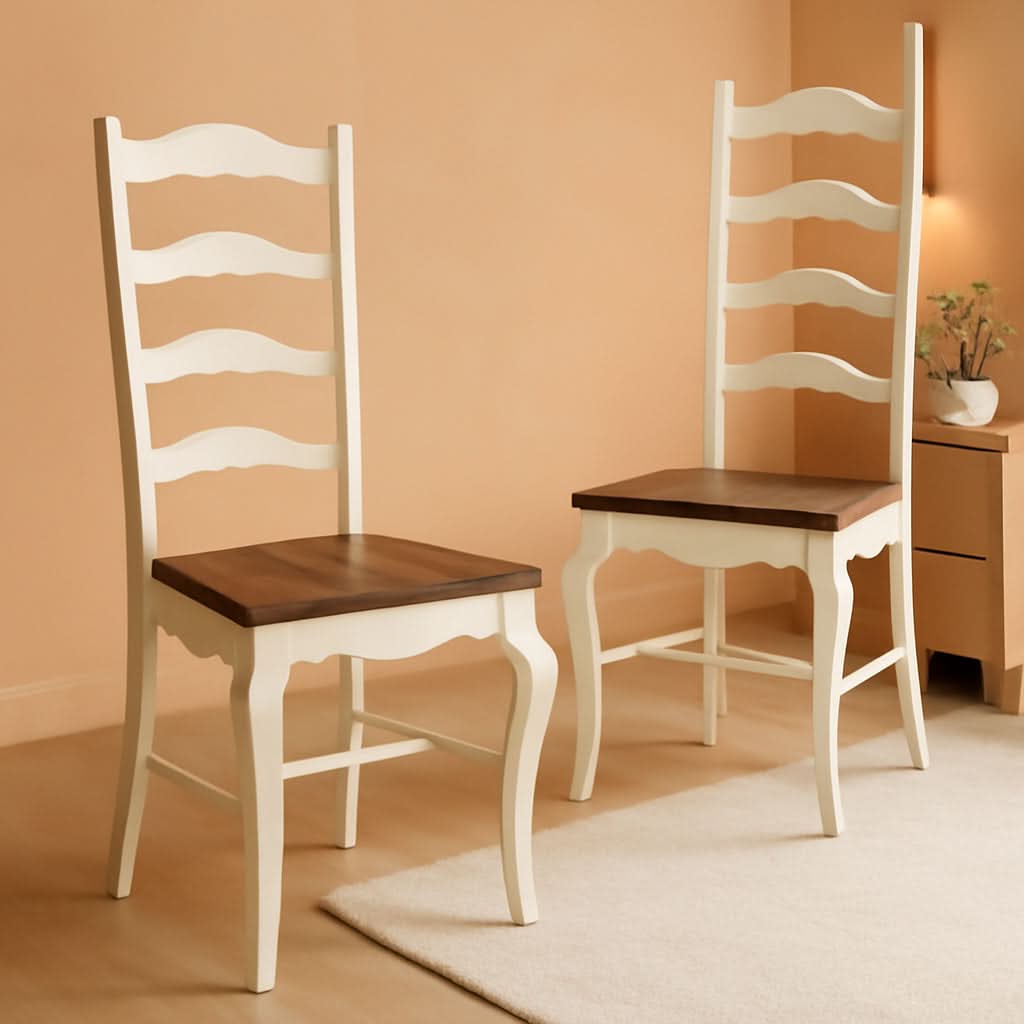 French Countryside Oak And White Pair Of Dining Chairs With Distressed Finish