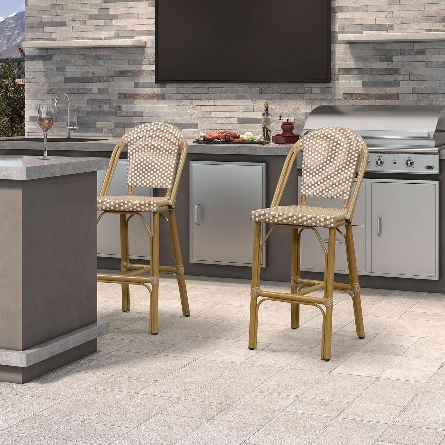 French Style Bar Stools Set Of 2 27 Inch Rattan Bamboo Print