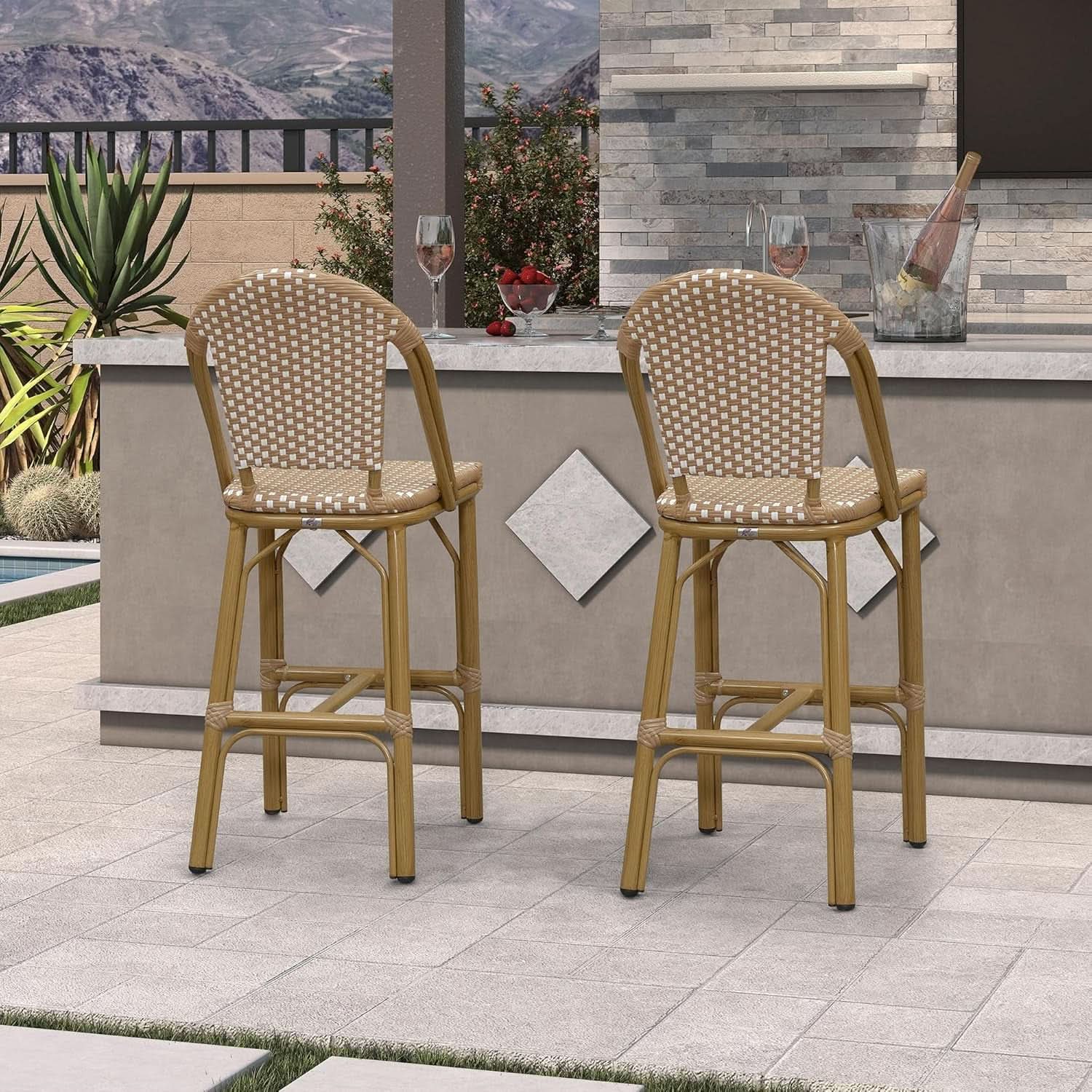 French Style Bar Stools Set Of 2 27 Inch Rattan Bamboo Print