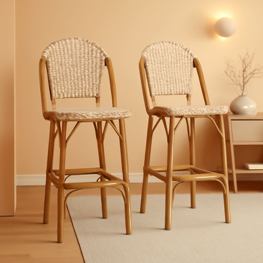 French Style Bar Stools Set Of 2 27 Inch Rattan Bamboo Print