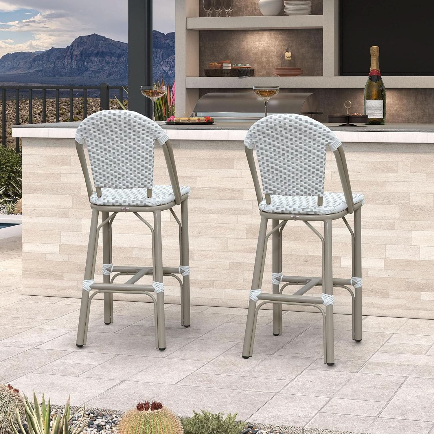French Style Outdoor Bar Stools Set Of 2 27 Inch White And Grey