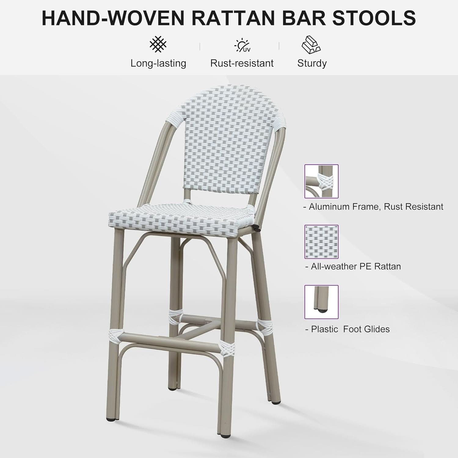 French Style Outdoor Bar Stools Set Of 2 27 Inch White And Grey