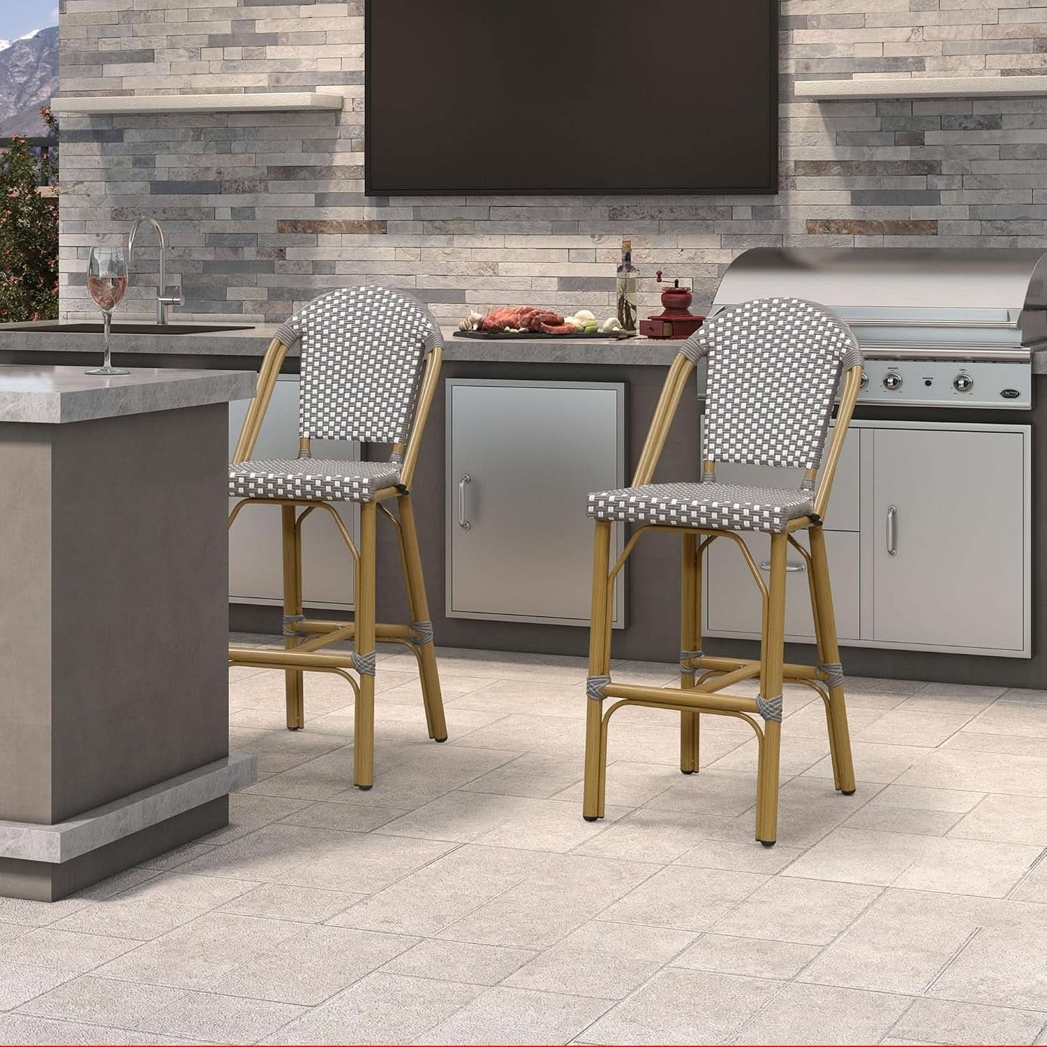 French Style Rattan Bar Stools Set for Outdoor Spaces