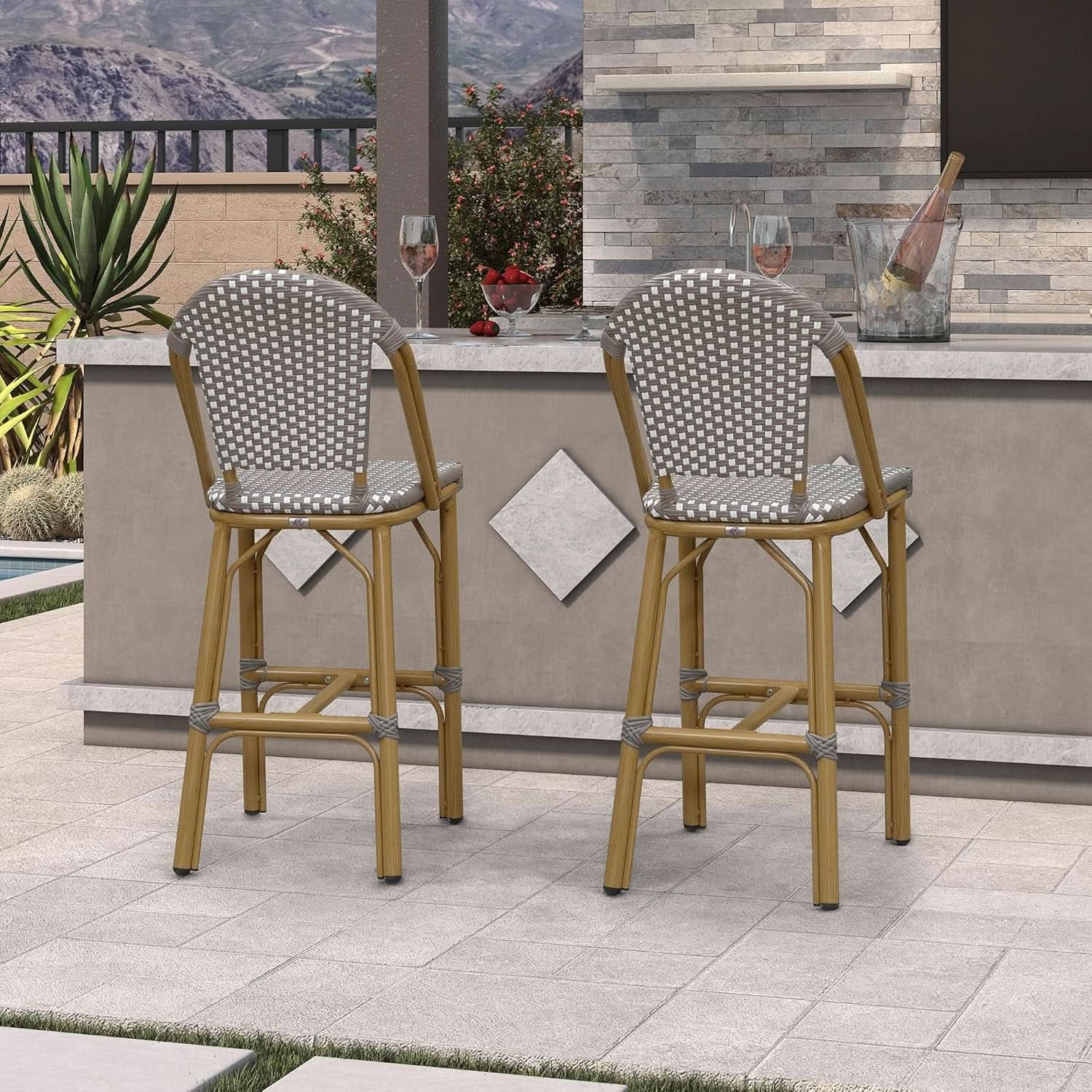 French Style Rattan Bar Stools Set for Outdoor Spaces