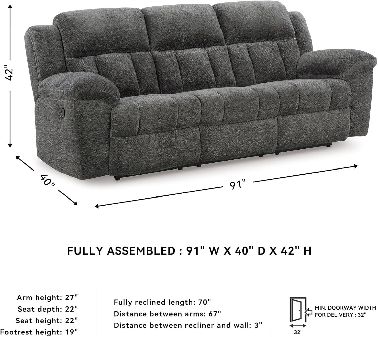 Frohn Gray Oversized Manual Reclining Sofa Living Room