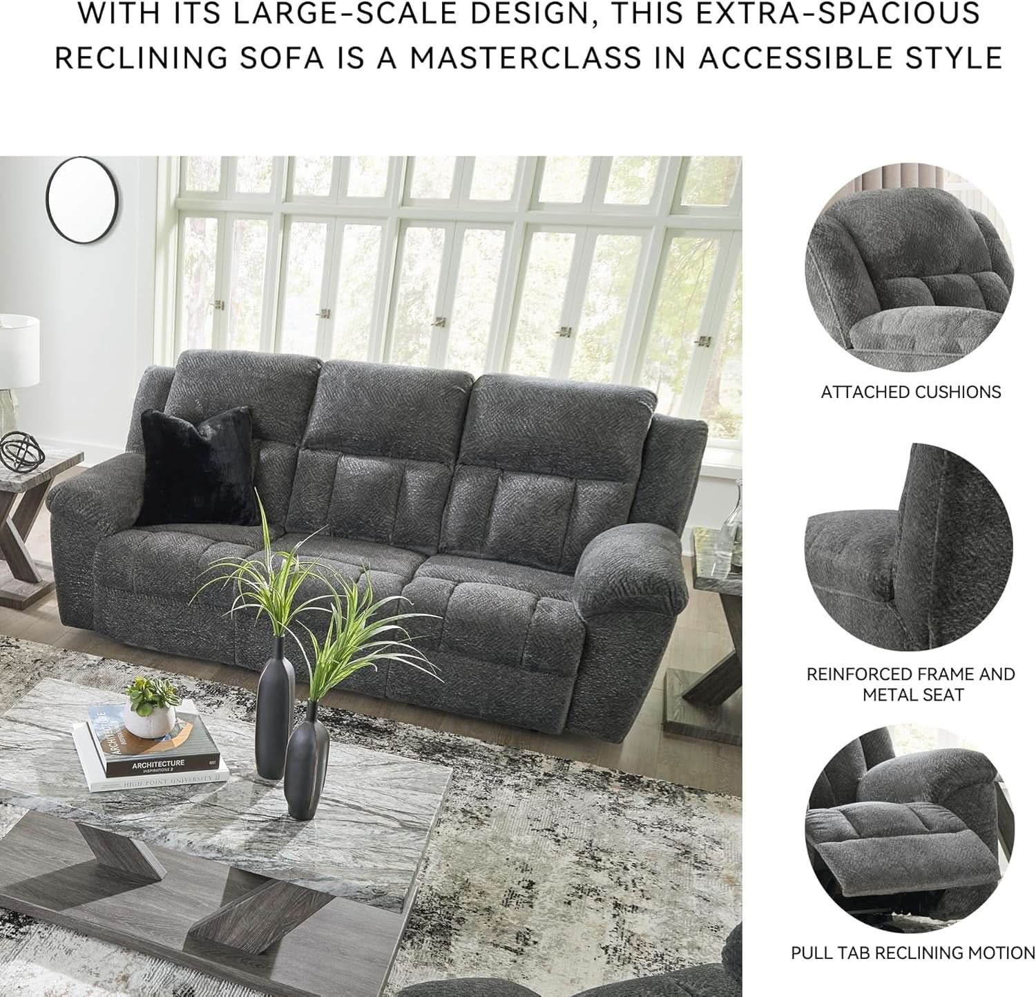 Frohn Gray Oversized Manual Reclining Sofa Living Room