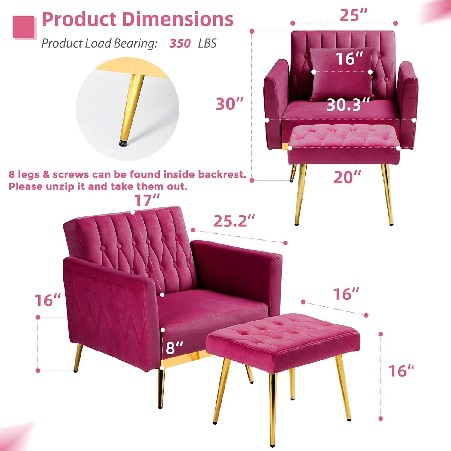 Fuchsia Velvet Adjustable Accent Chair With Three Backrest Angles