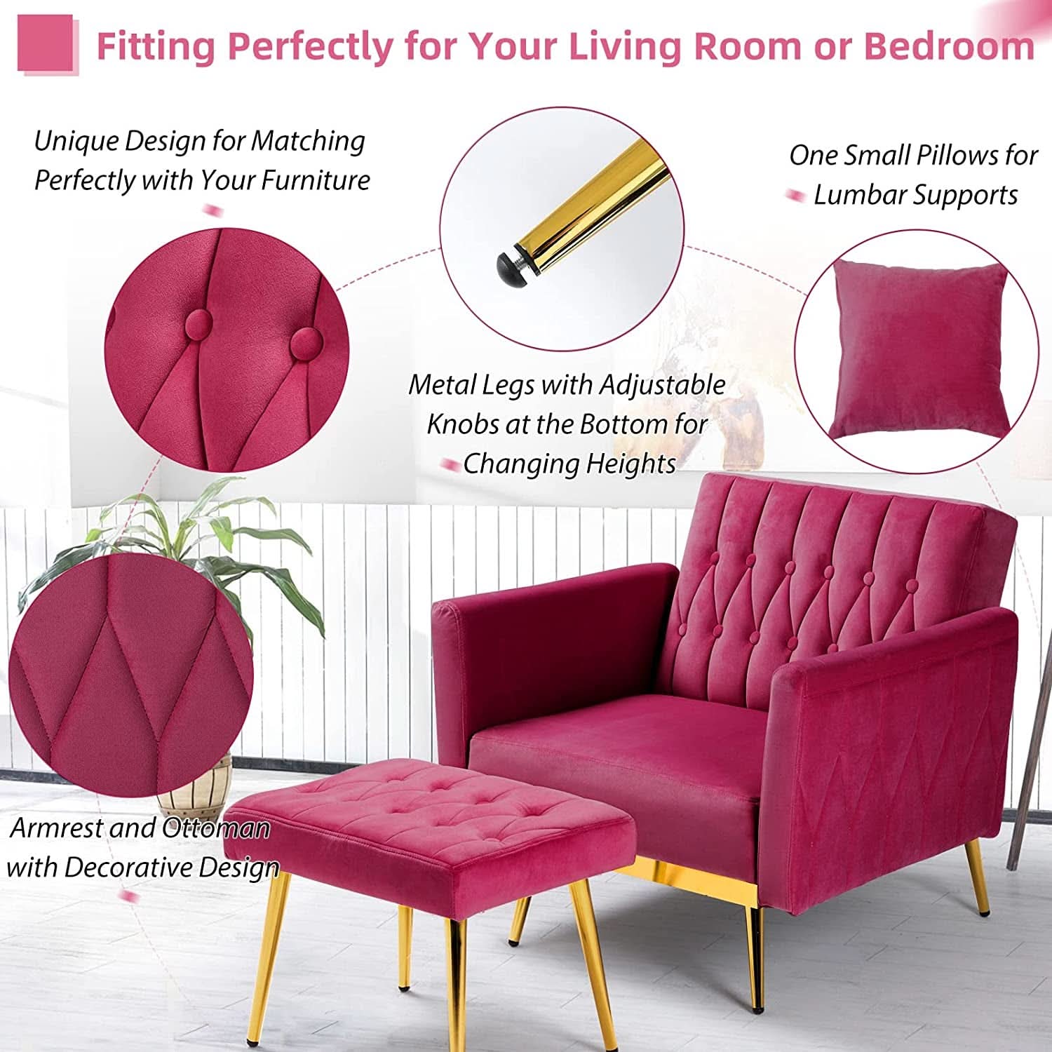 Fuchsia Velvet Adjustable Accent Chair With Three Backrest Angles