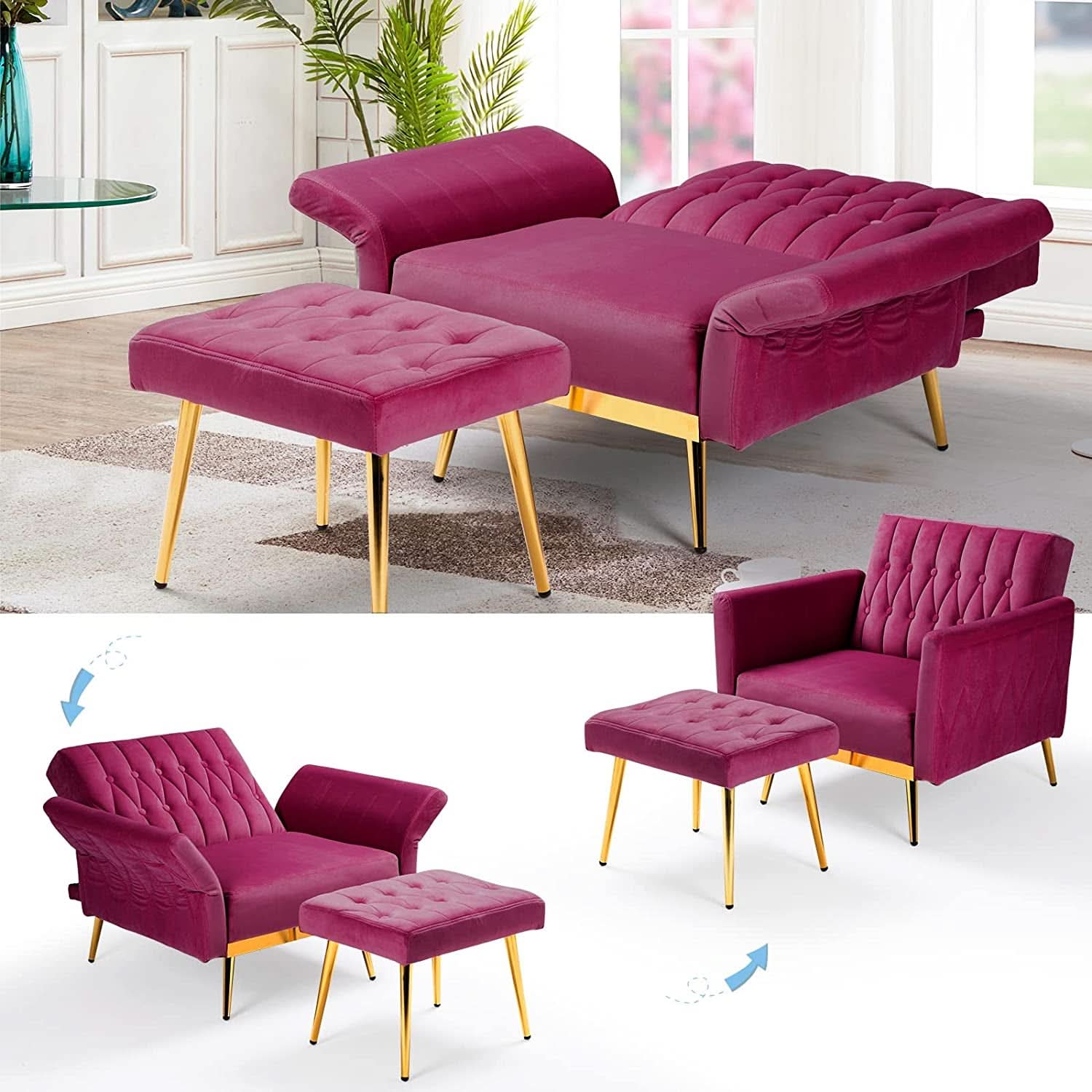 Fuchsia Velvet Adjustable Accent Chair With Three Backrest Angles