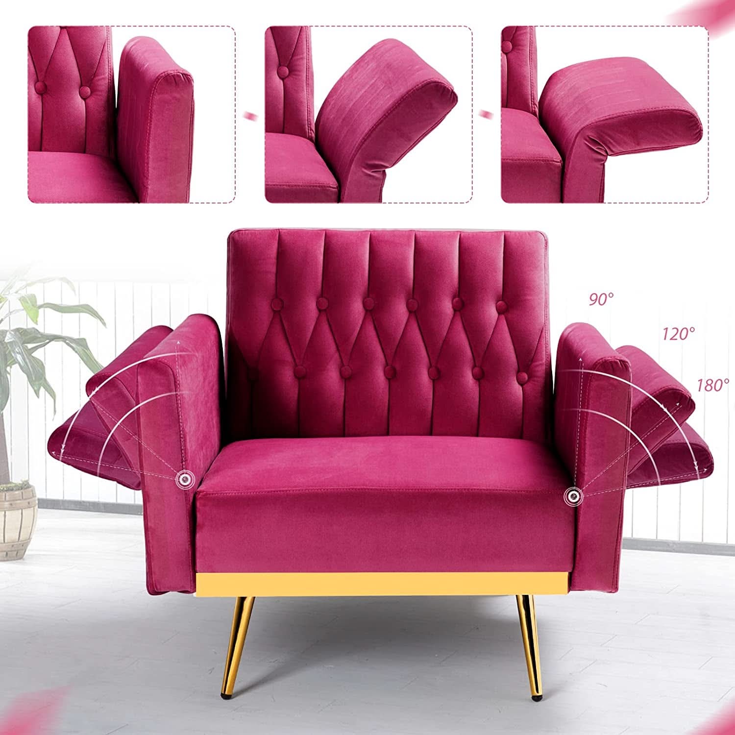 Fuchsia Velvet Adjustable Accent Chair With Three Backrest Angles