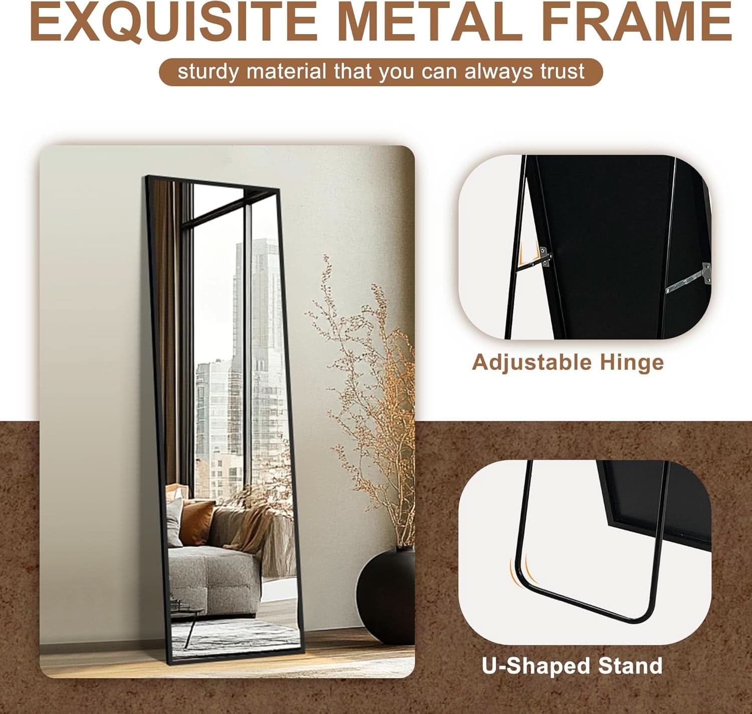Full Length Floor Mirror 56x15 Inch Black Frame Stand