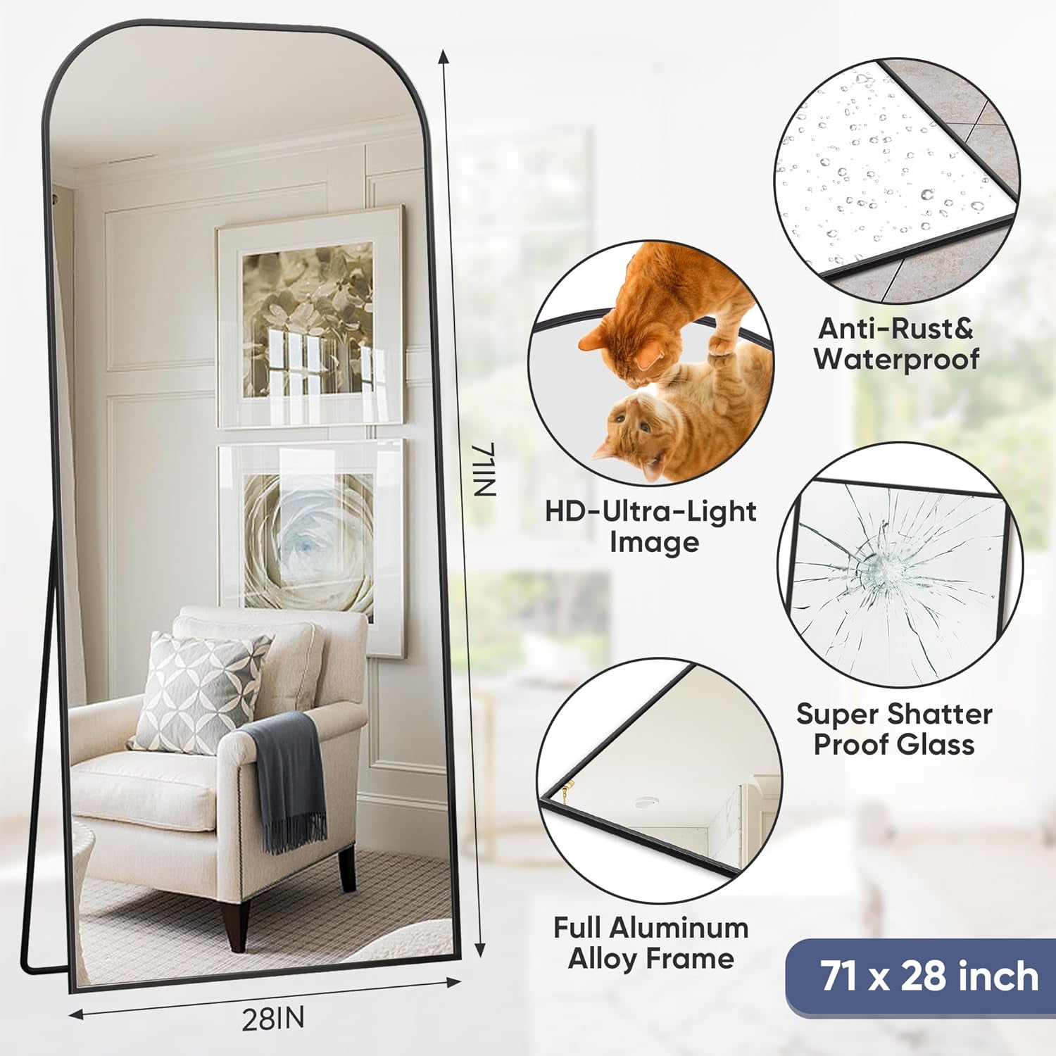 Full Length Floor Mirror 71x28 Freestanding Arched Black Frame