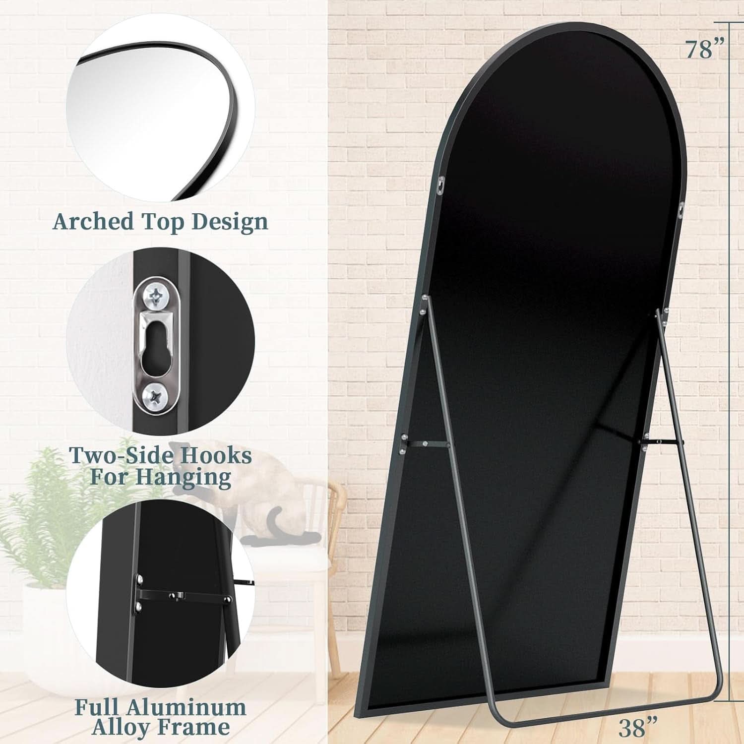 Full Length Mirror With Stand 78x38 Inch Black Aluminum Frame