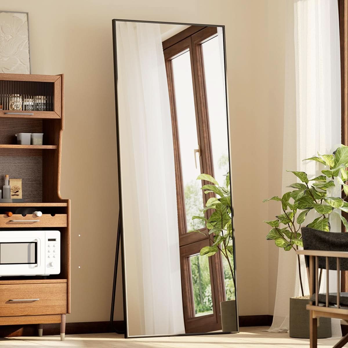 Full Length Standing Mirror 56x21 Black Aluminum Frame Tempered Glass