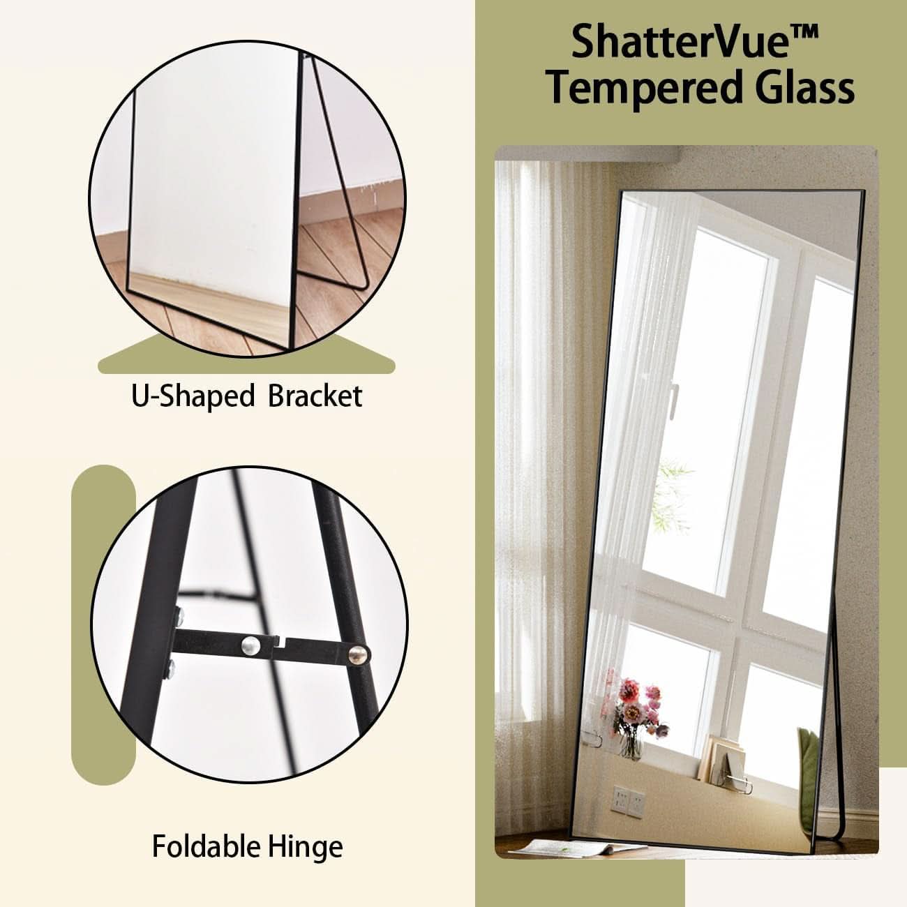 Full Length Standing Mirror 56x21 Black Aluminum Frame Tempered Glass