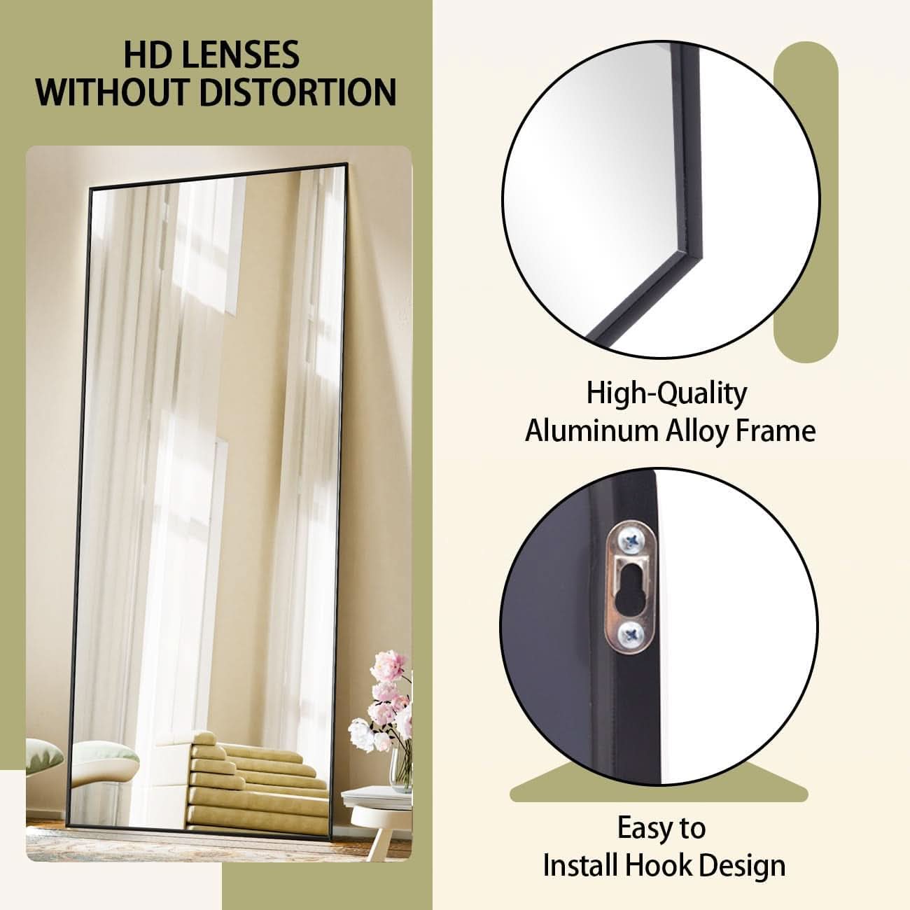 Full Length Standing Mirror 56x21 Black Aluminum Frame Tempered Glass