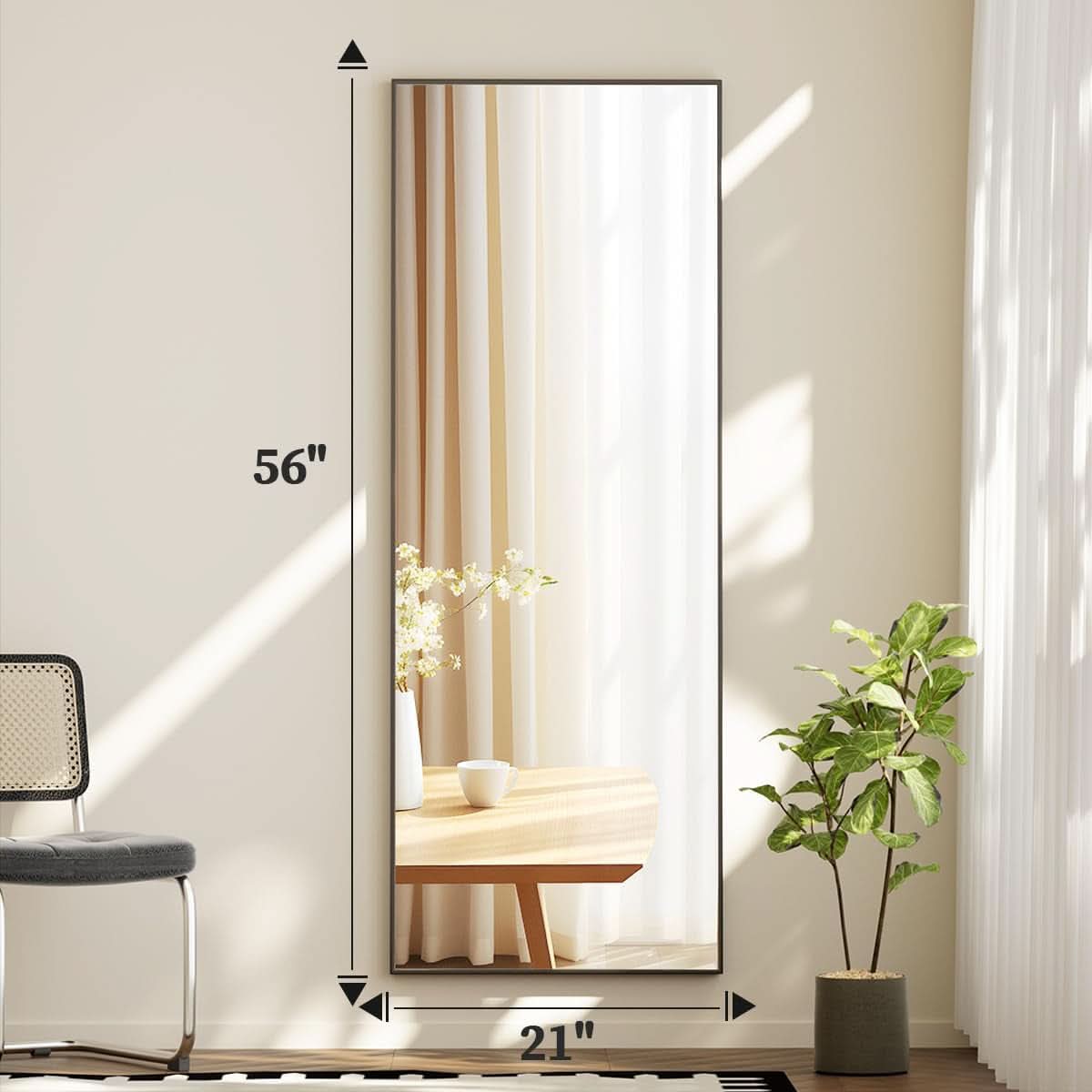Full Length Standing Mirror 56x21 Black Aluminum Frame Tempered Glass