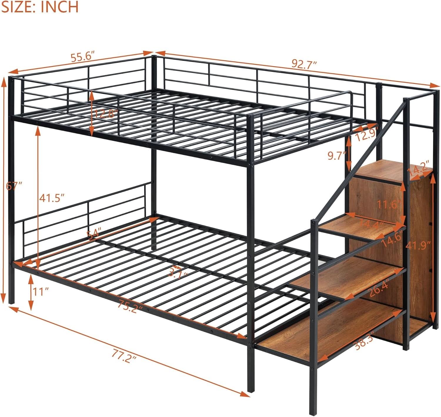 Full Over Full Metal Bunk Bed With Storage Stairs Black
