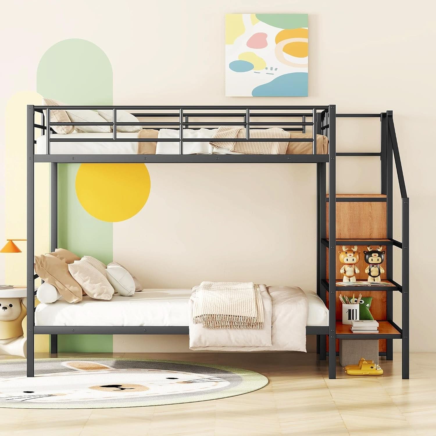 Full Over Full Metal Bunk Bed With Storage Stairs Black