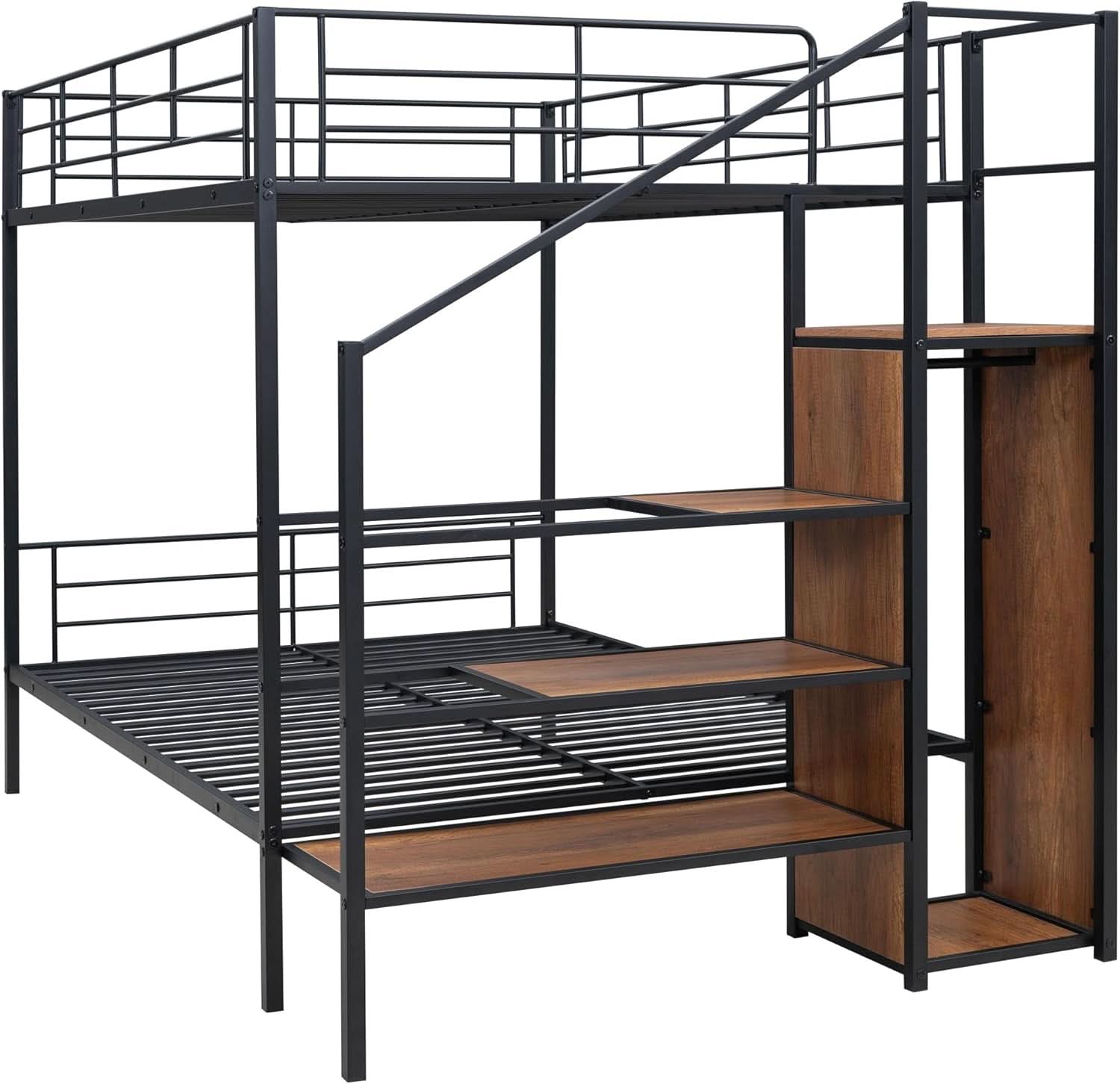 Full Over Full Metal Bunk Bed With Storage Stairs Black