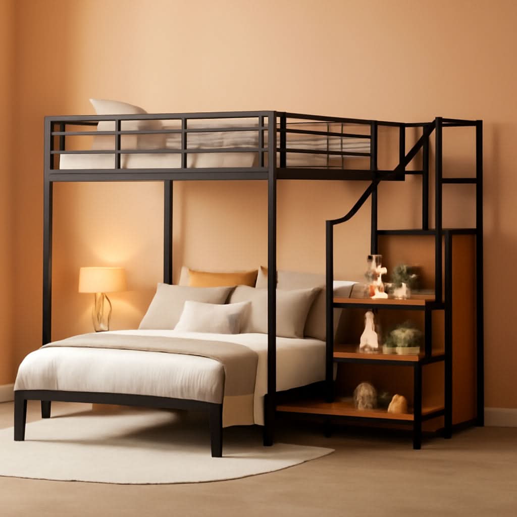 Full Over Full Metal Bunk Bed With Storage Stairs Black