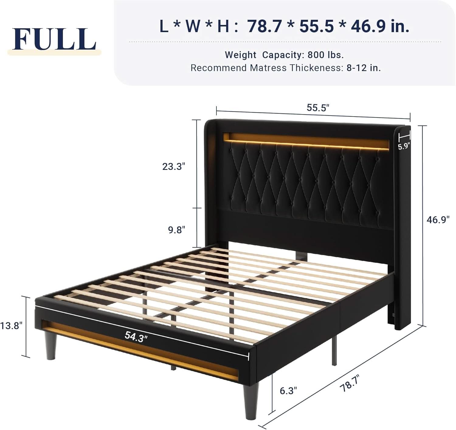 Full Size Bed Frame LED Lighting And USB Charging Black