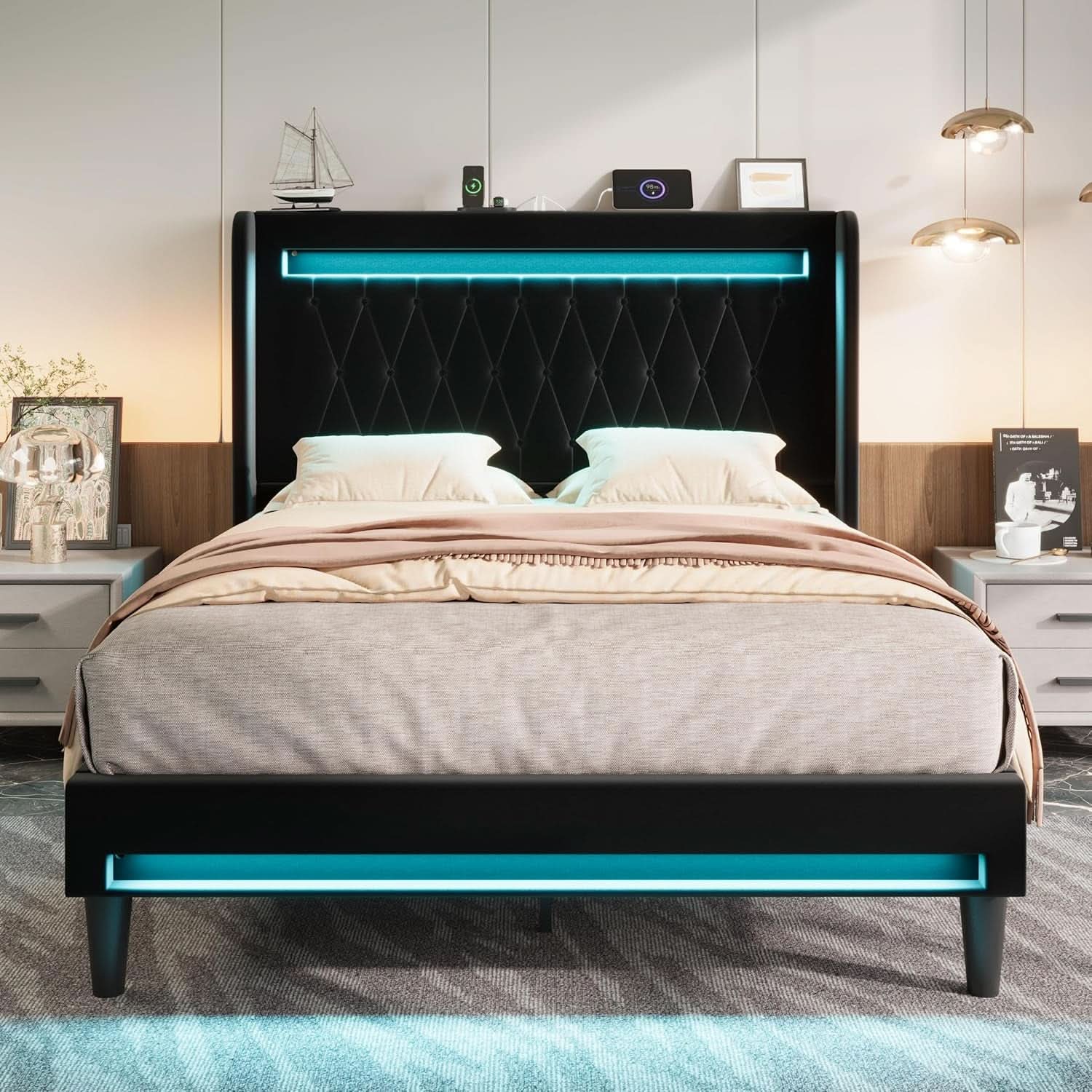 Full Size Bed Frame LED Lighting And USB Charging Black