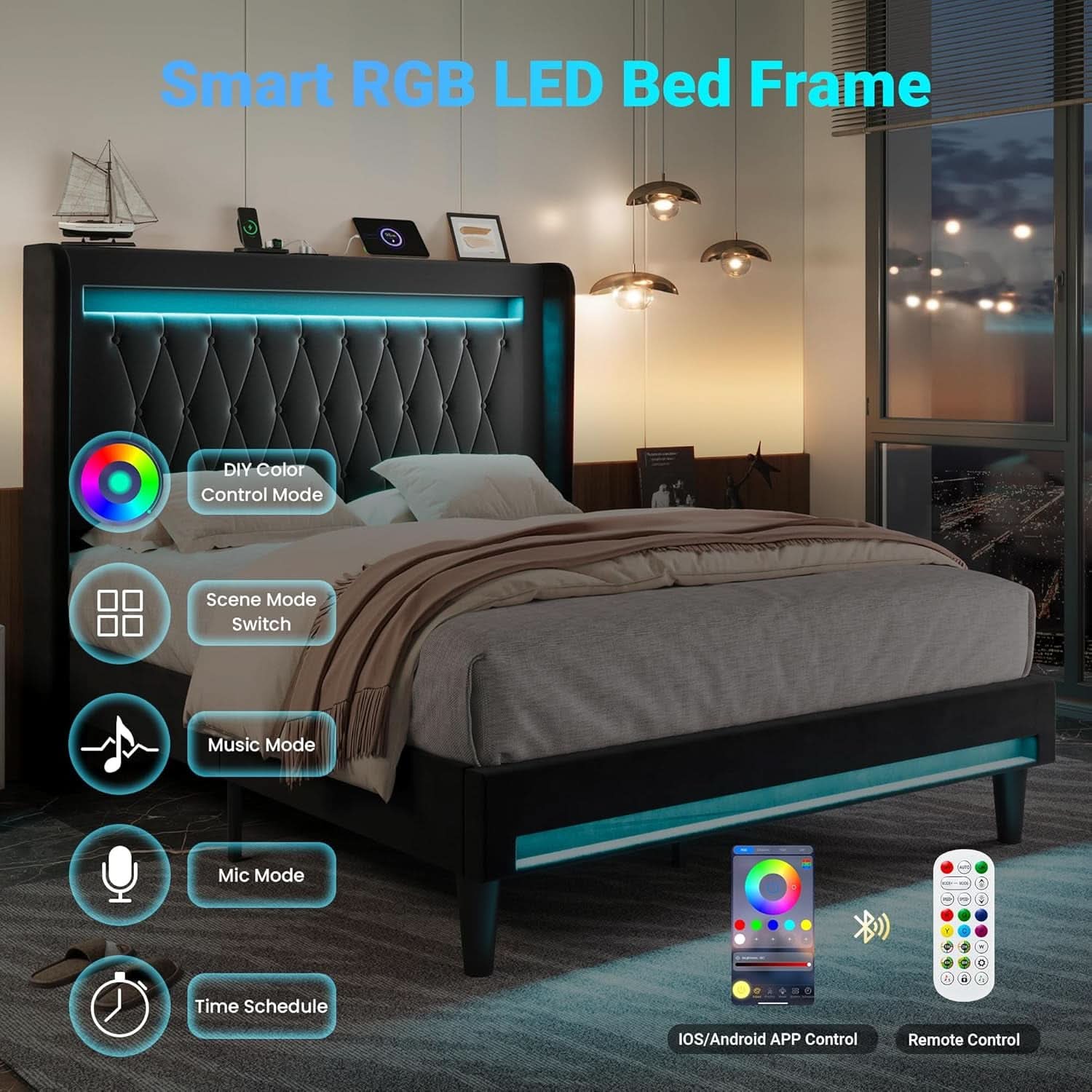 Full Size Bed Frame LED Lighting And USB Charging Black