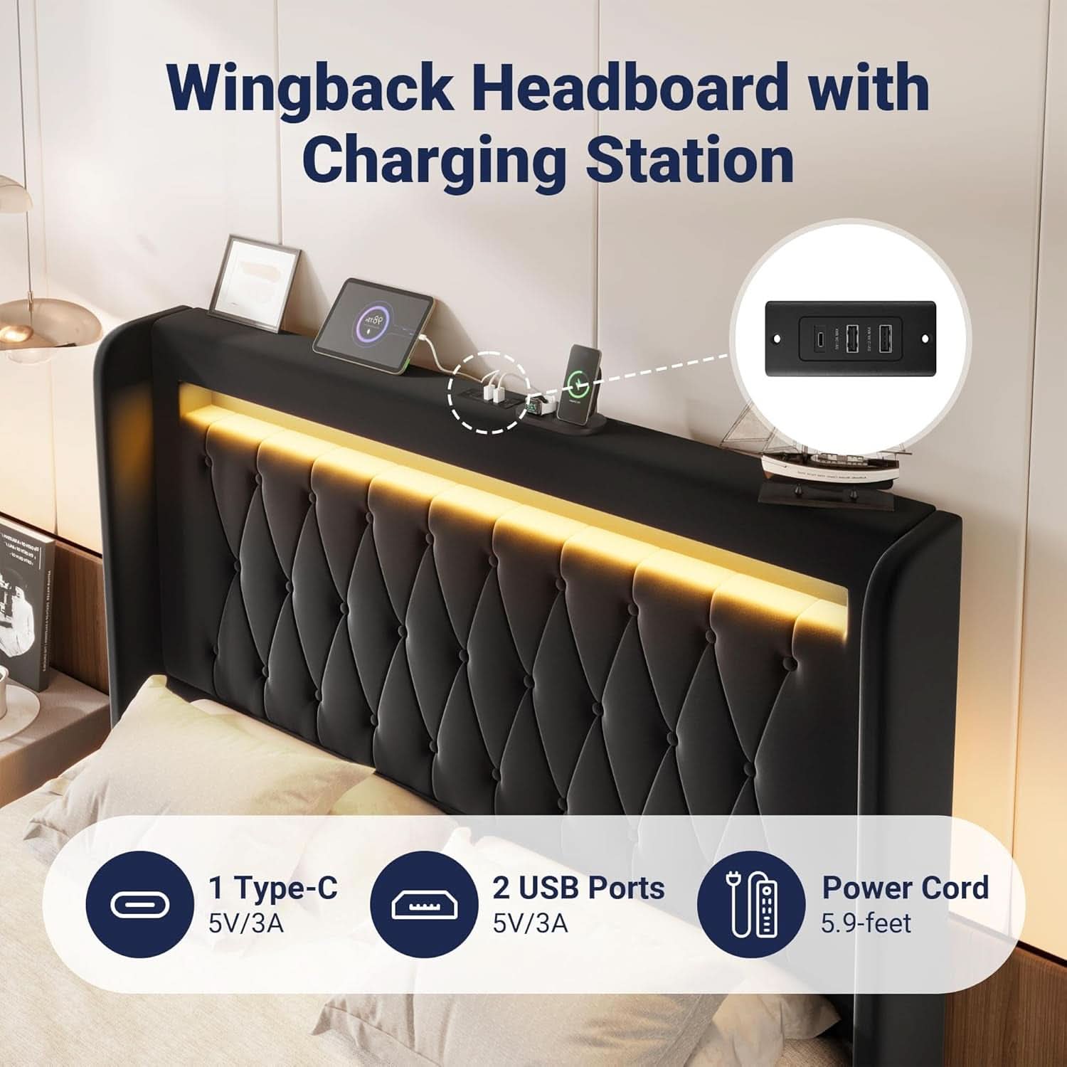 Full Size Bed Frame LED Lighting And USB Charging Black