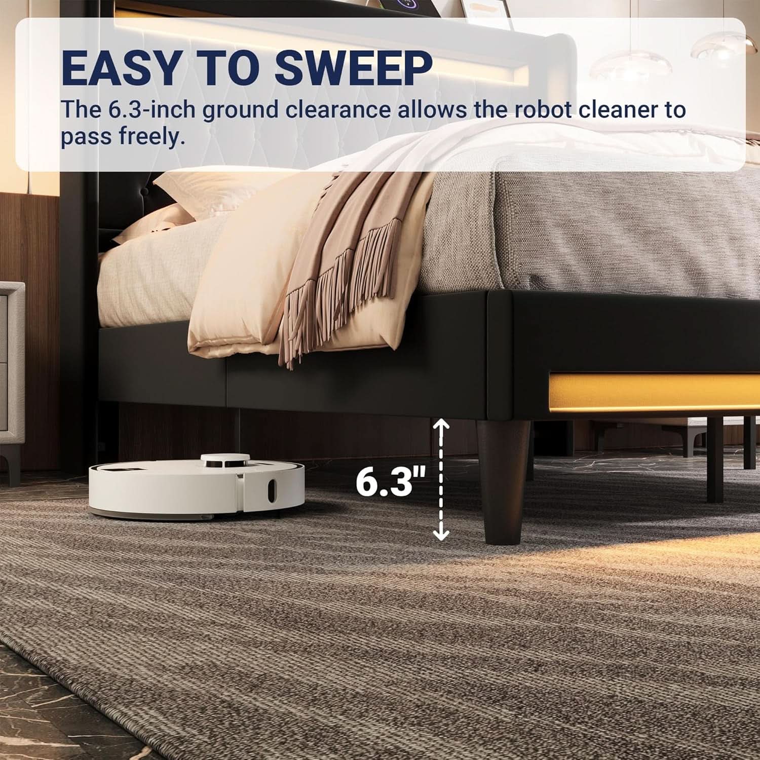 Full Size Bed Frame LED Lighting And USB Charging Black