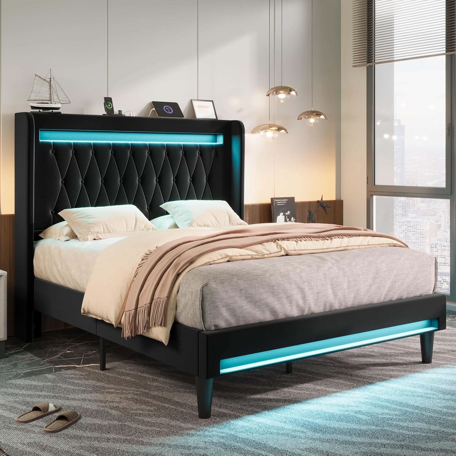 Full Size Bed Frame LED Lighting And USB Charging Black