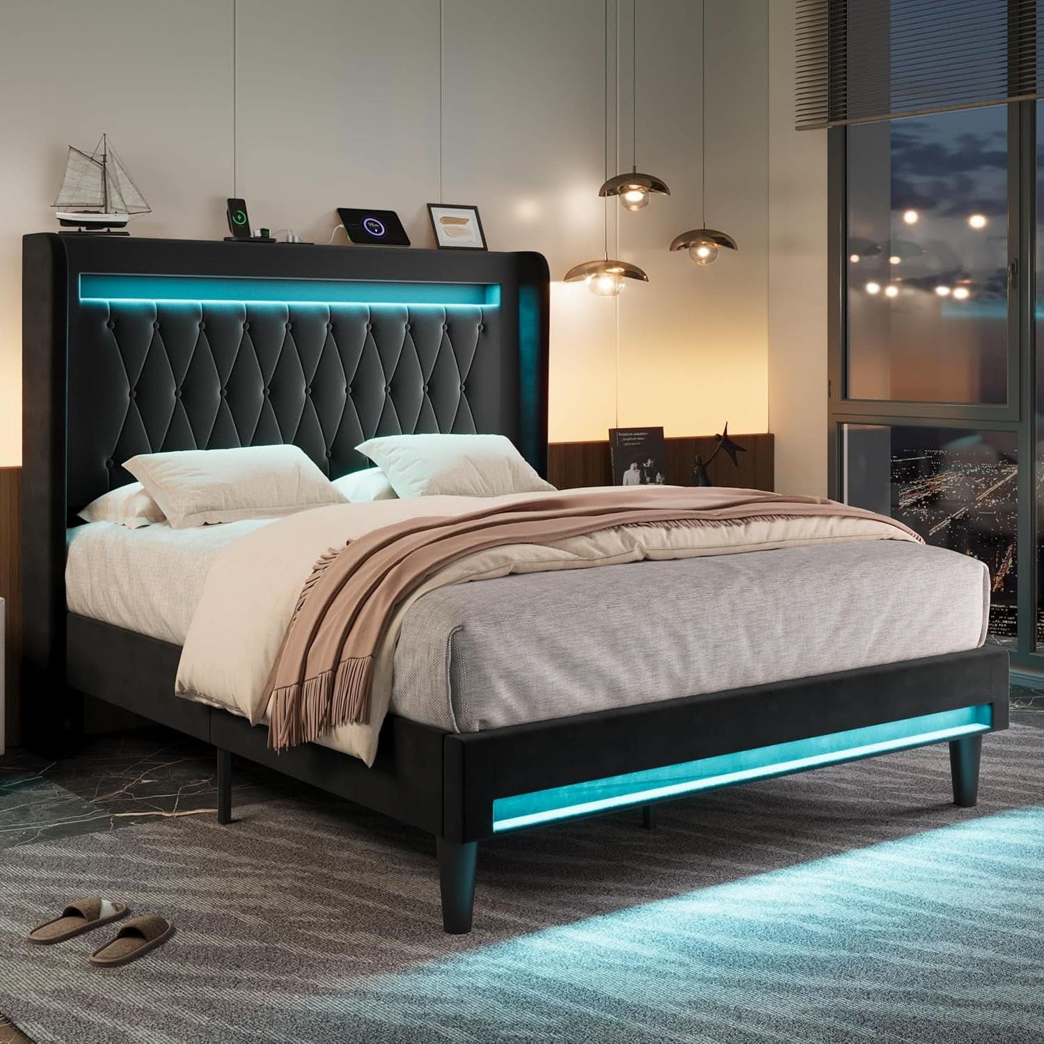 Full Size Bed Frame LED Lighting And USB Charging Black