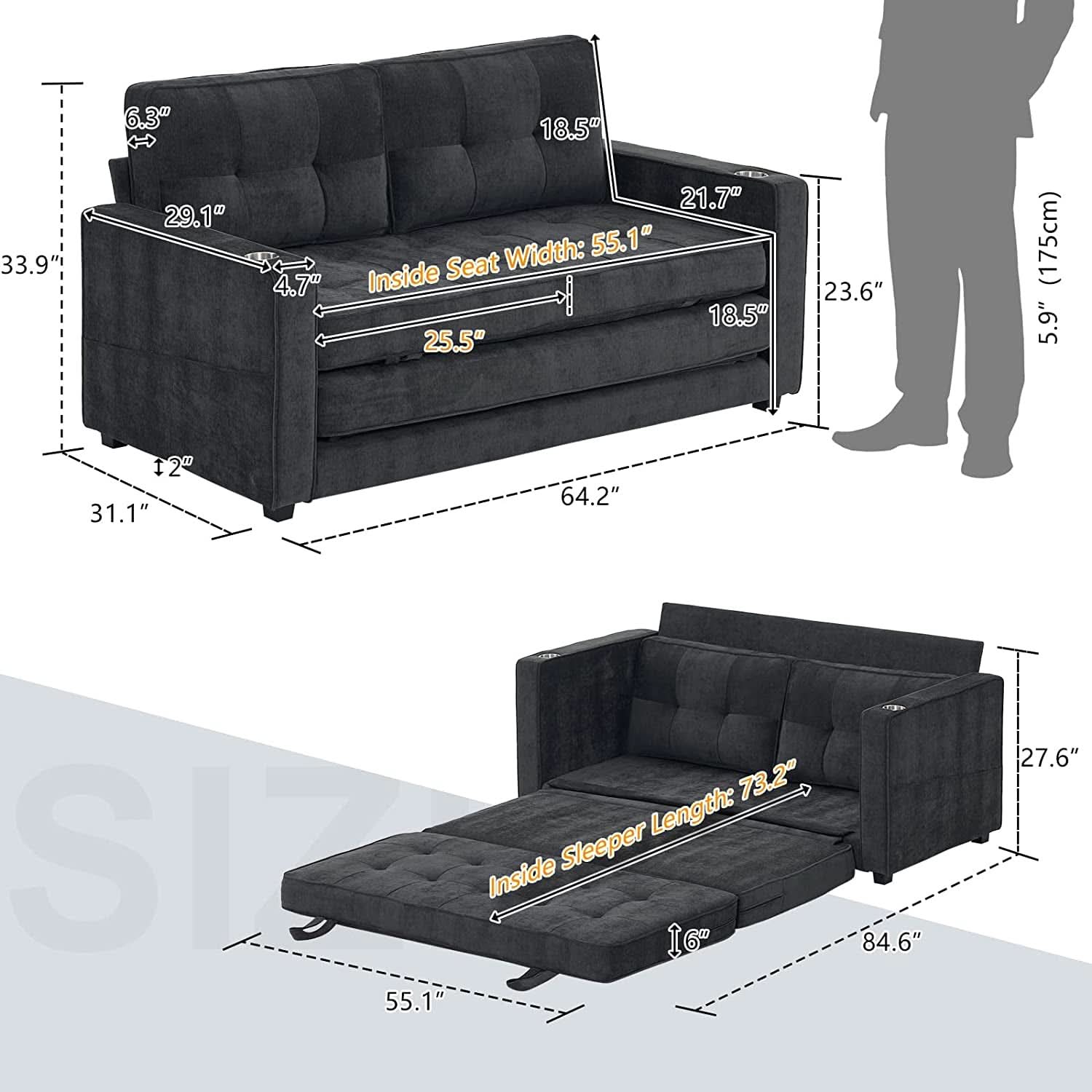Full Size Futon Sofa Bed Convertible For Living Room