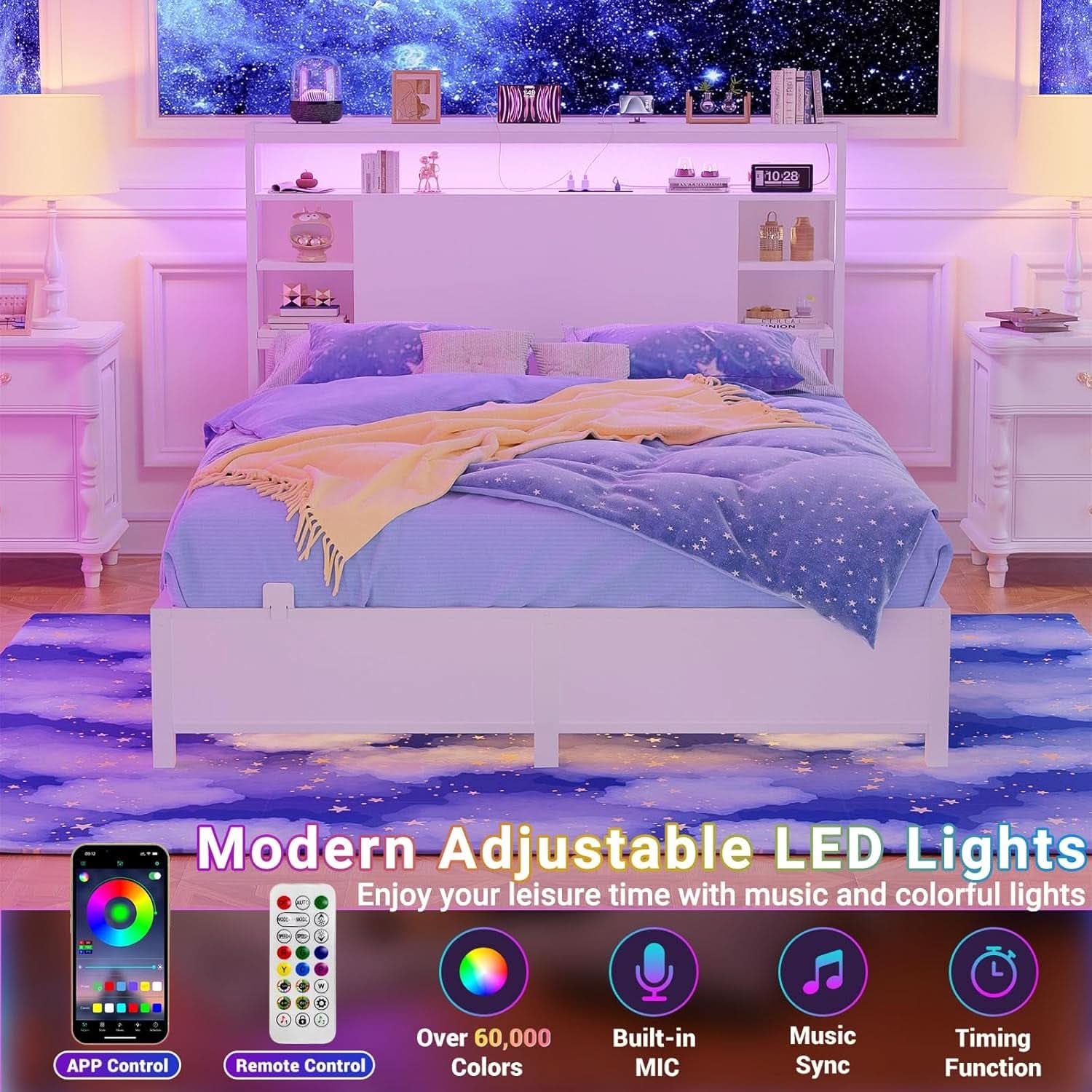 Full Size Headboard With Storage RGB LED Lighting