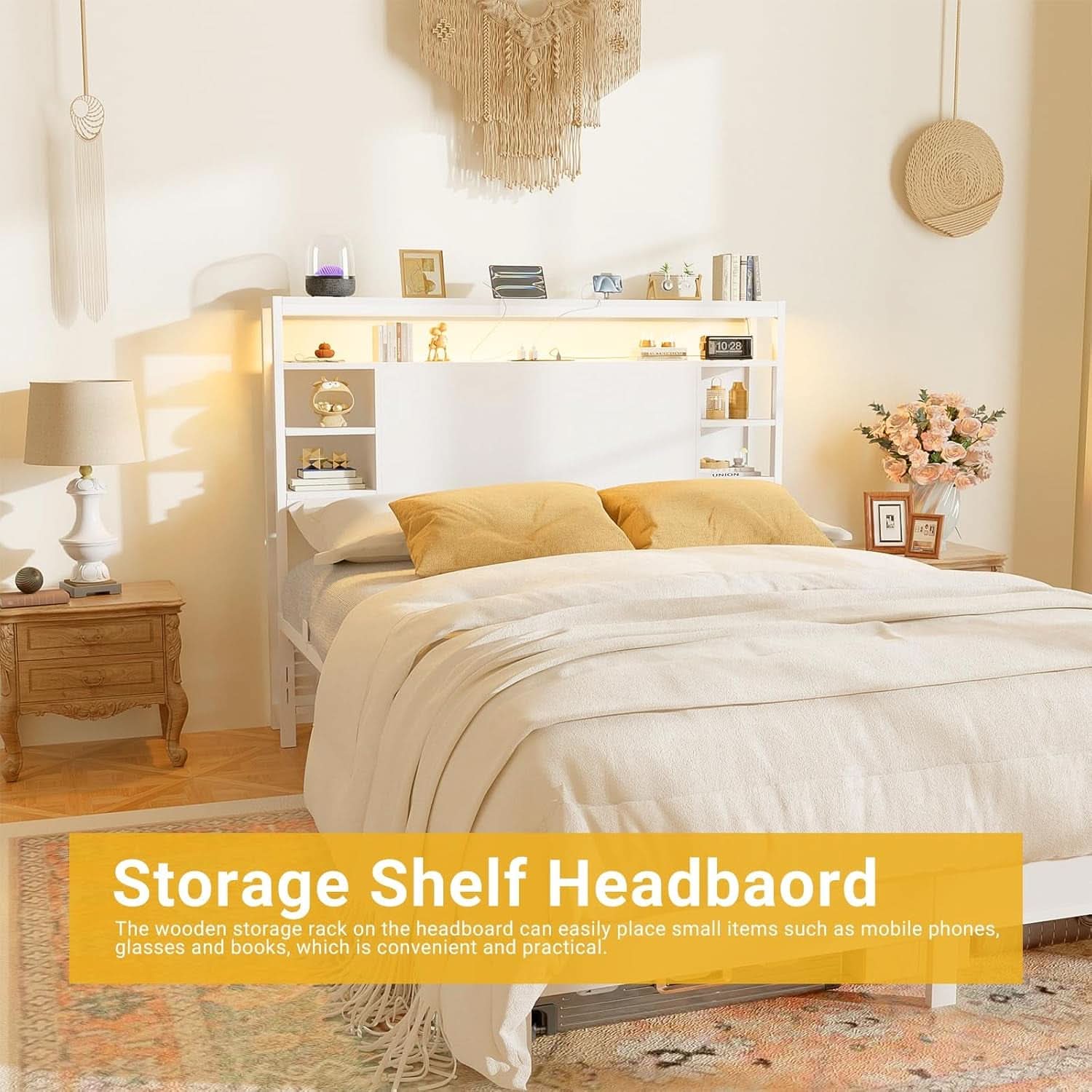Full Size Headboard With Storage RGB LED Lighting
