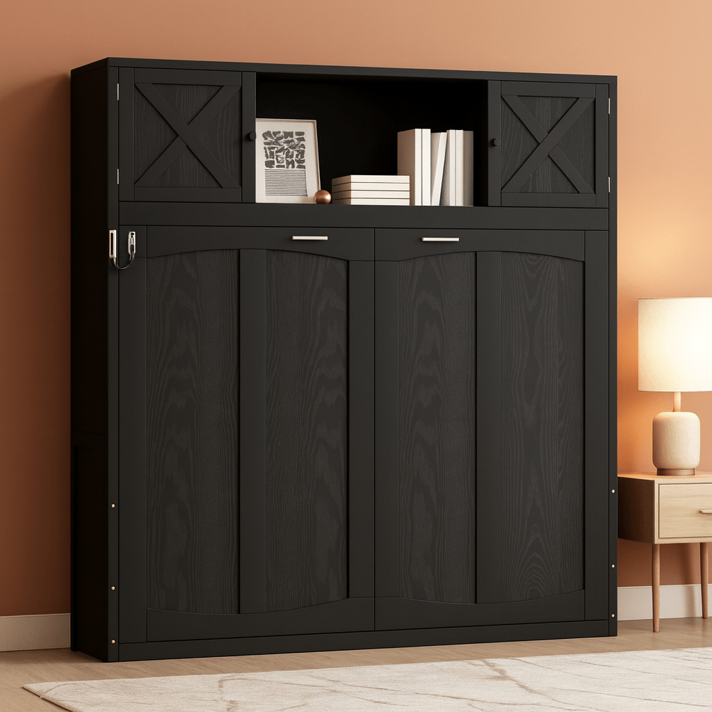 Full Size Murphy Cabinet Bed With Storage Shelf Black