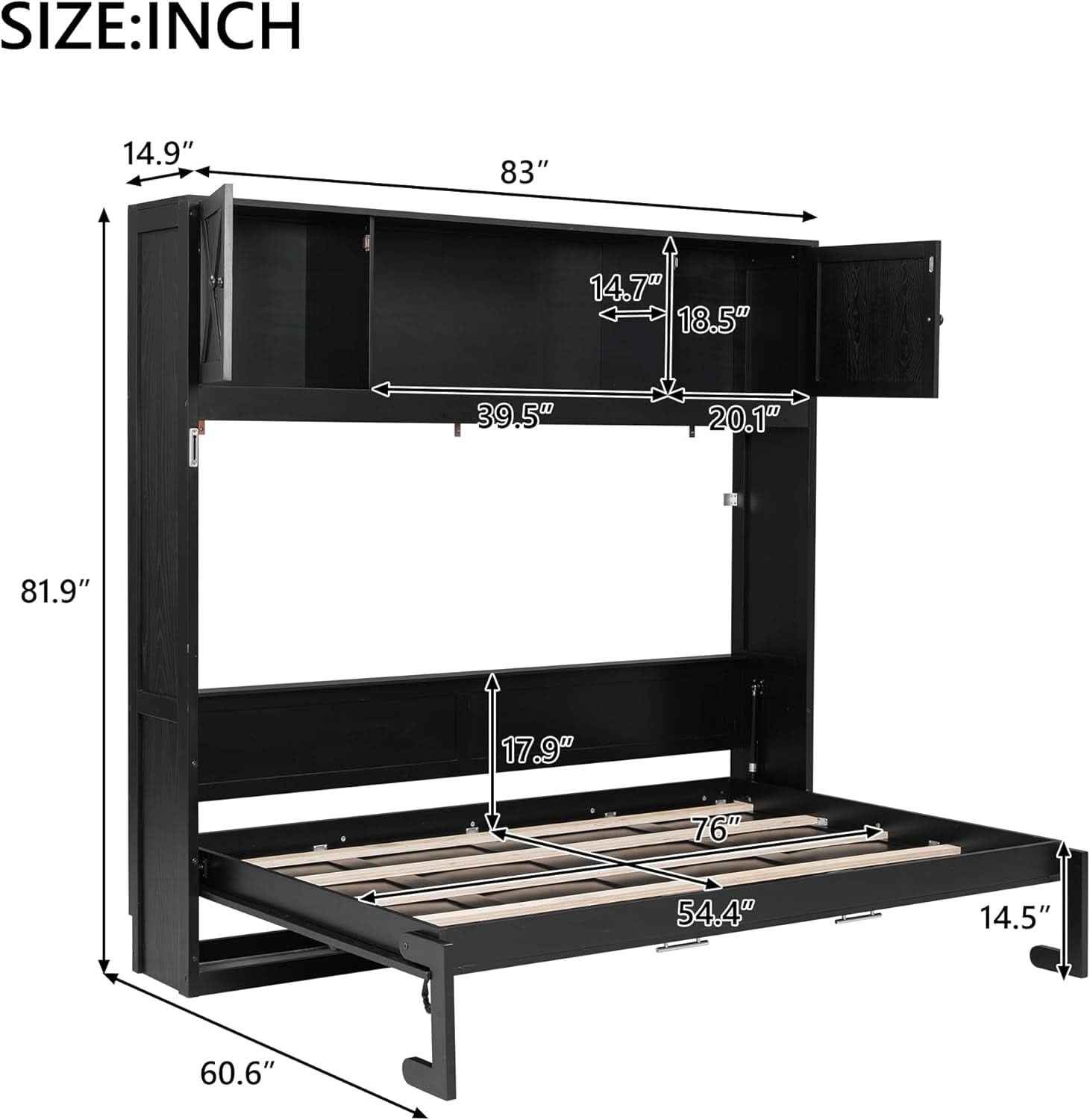 Full Size Murphy Cabinet Bed With Storage Shelf Black