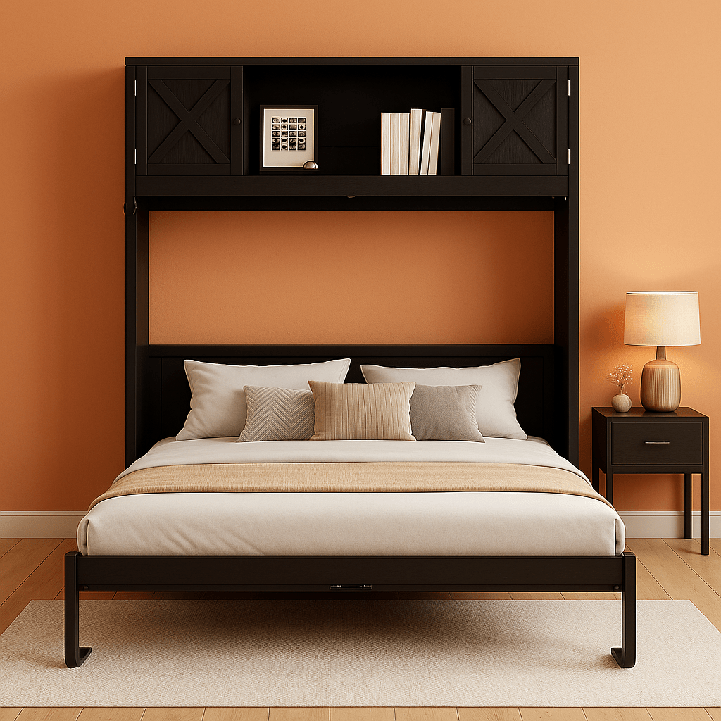 Full Size Murphy Cabinet Bed With Storage Shelf Black