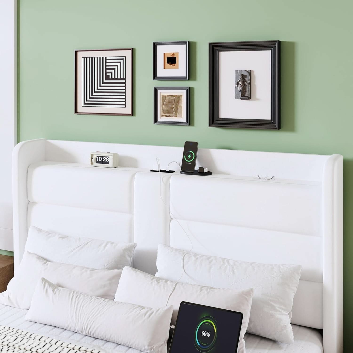 Full Size Platform Bed Frame With USB Charging Station And Storage Headboard