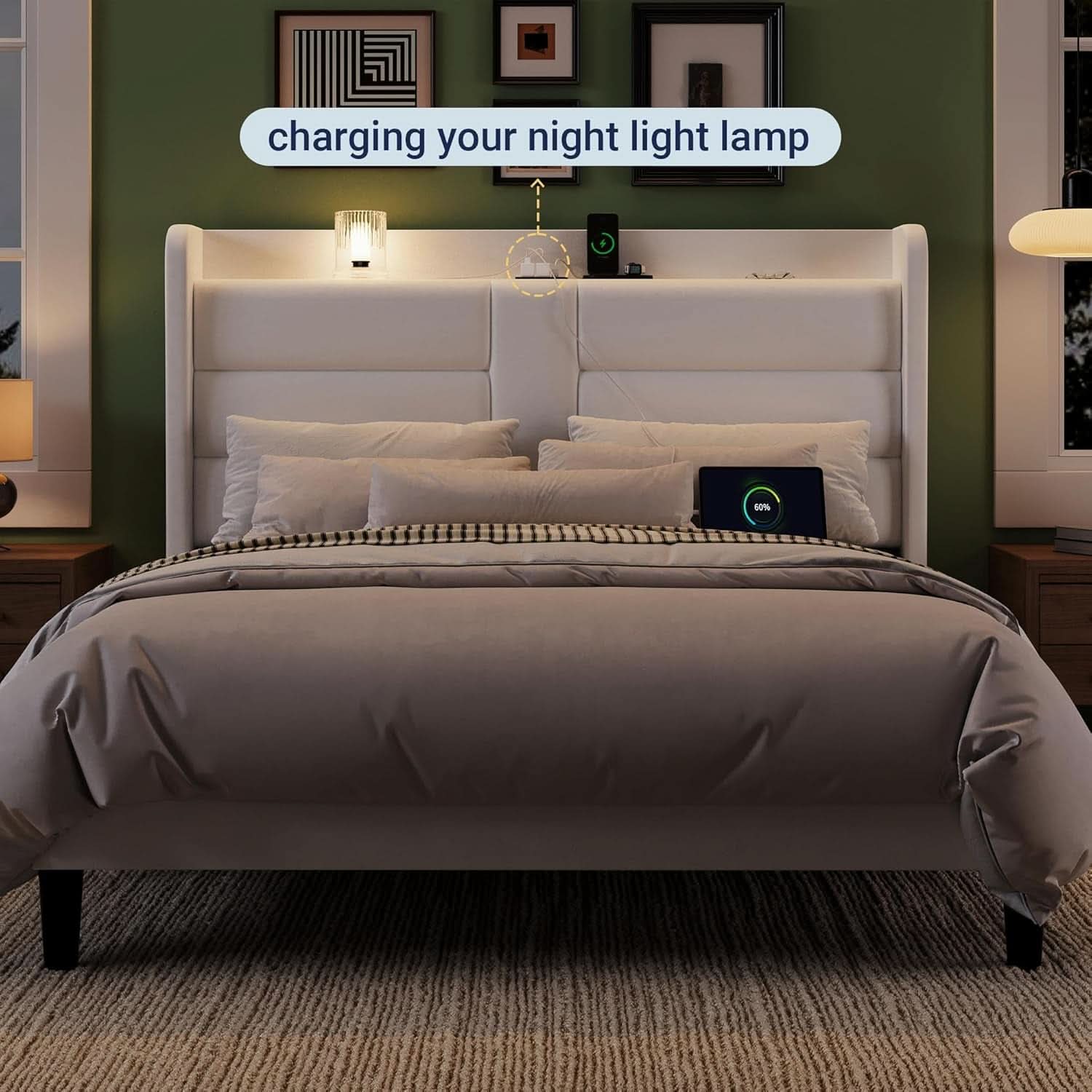 Full Size Platform Bed Frame With USB Charging Station And Storage Headboard